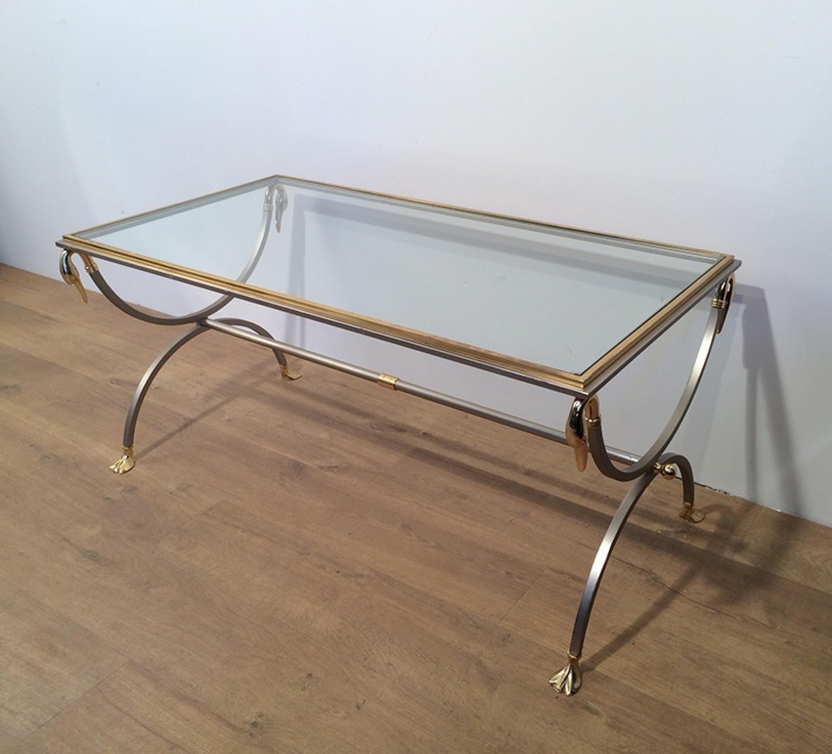 Neoclassical Attributed to Maison Jansen, Brushed Steel & Brass Coffee Table with Swanheads For Sale