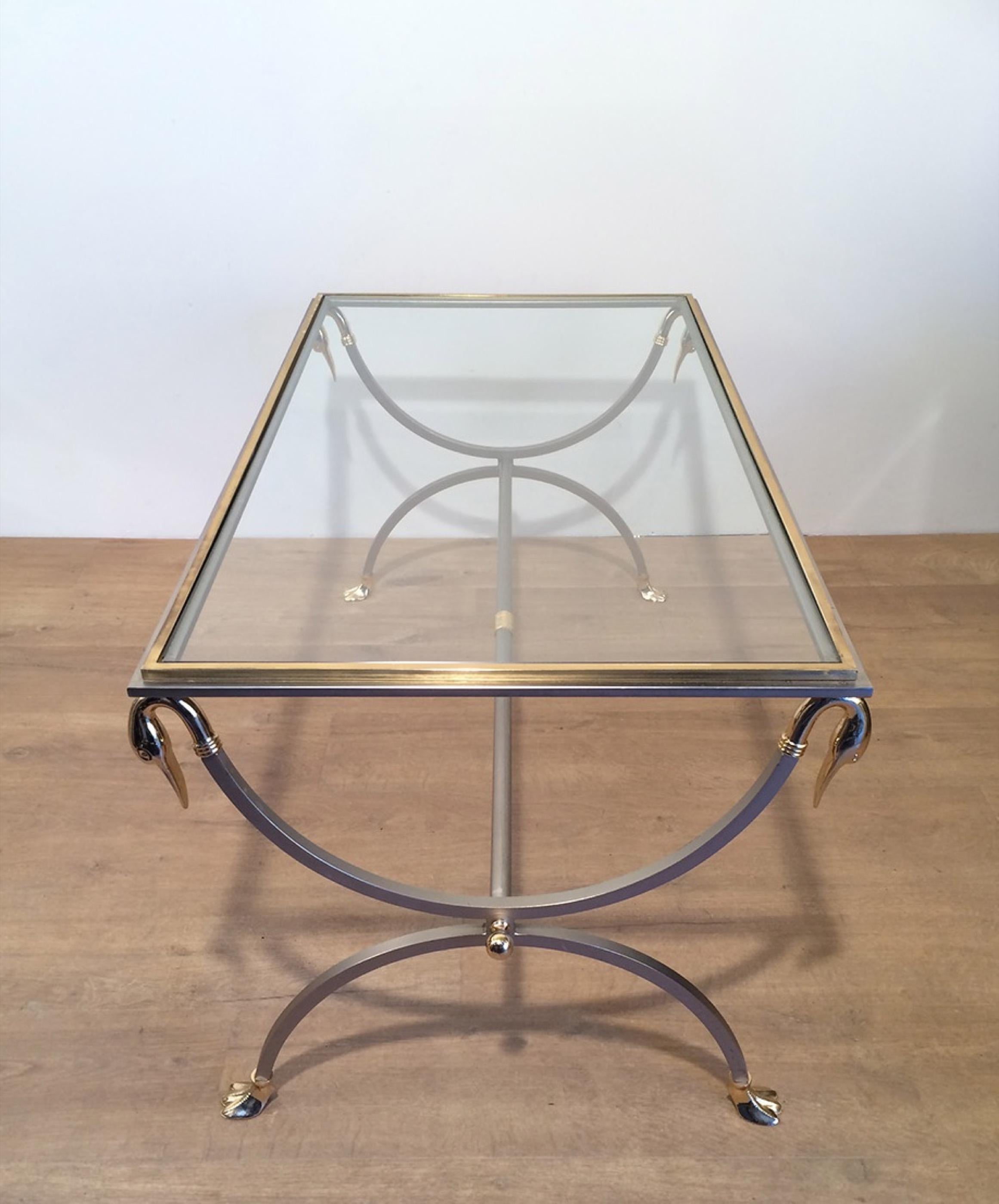 French Attributed to Maison Jansen, Brushed Steel & Brass Coffee Table with Swanheads For Sale