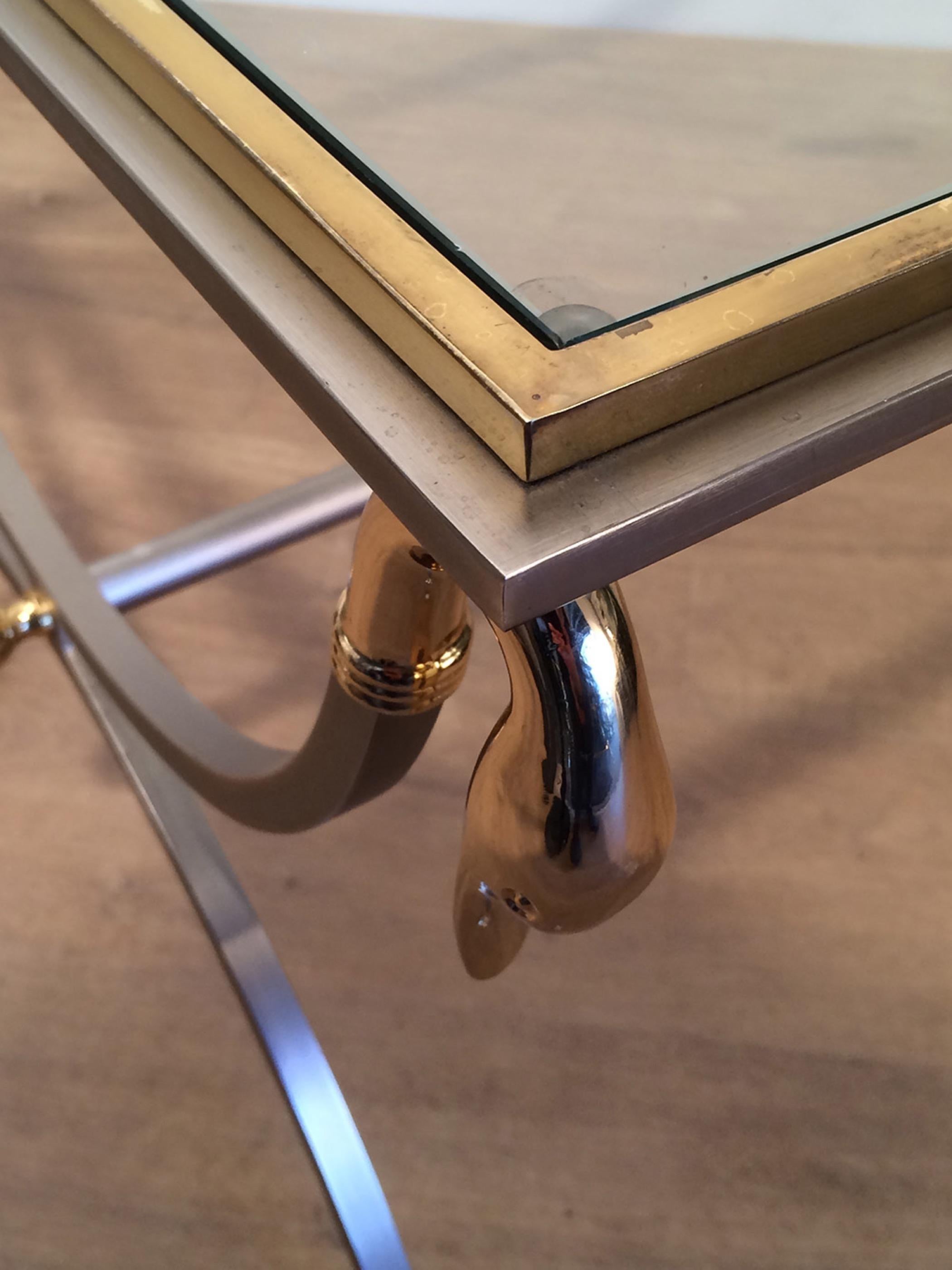 Attributed to Maison Jansen, Brushed Steel & Brass Coffee Table with Swanheads For Sale 3