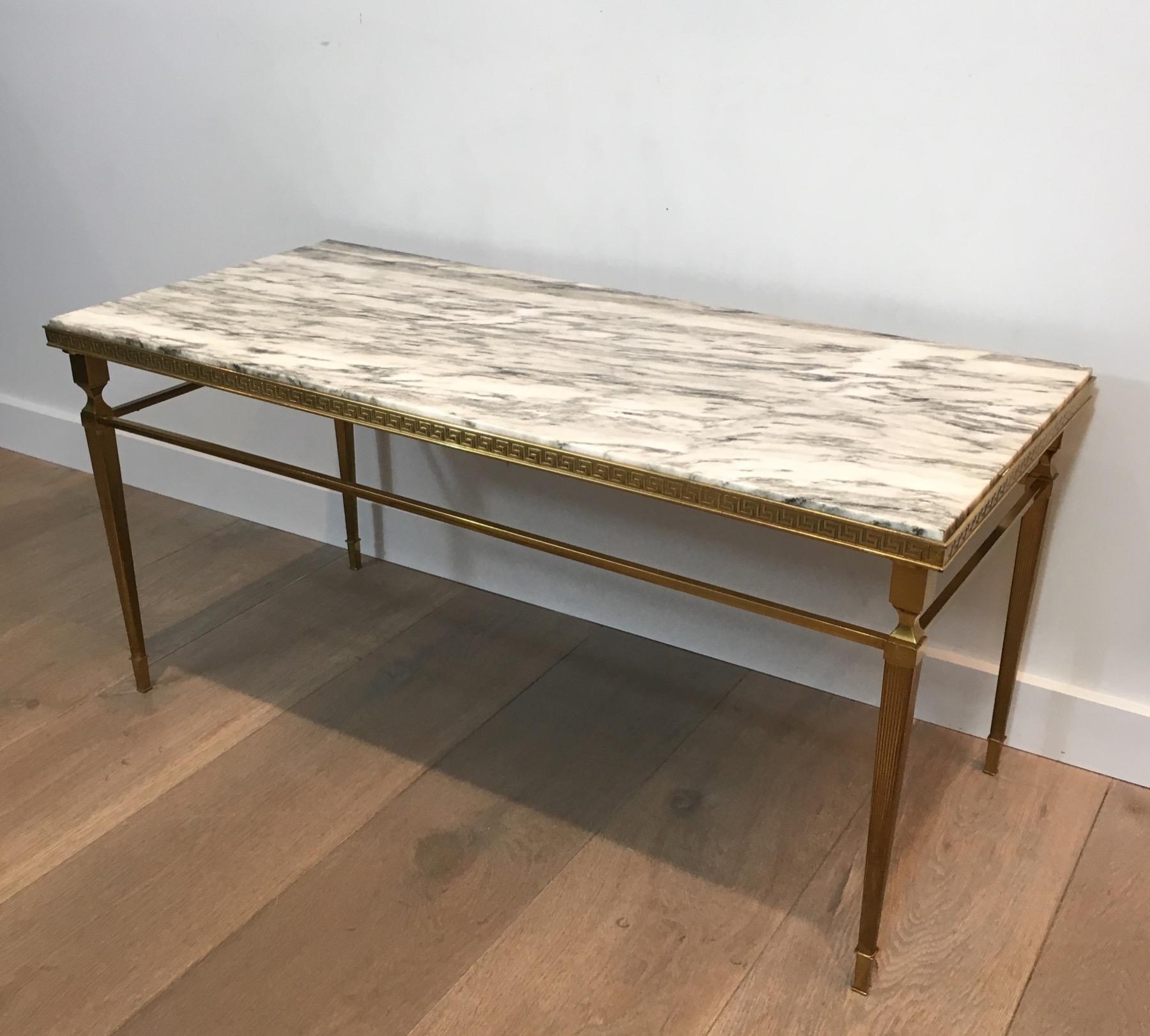 French Attributed to Maison Jansen, Neoclassical Brass Coffee Table with Marble Top