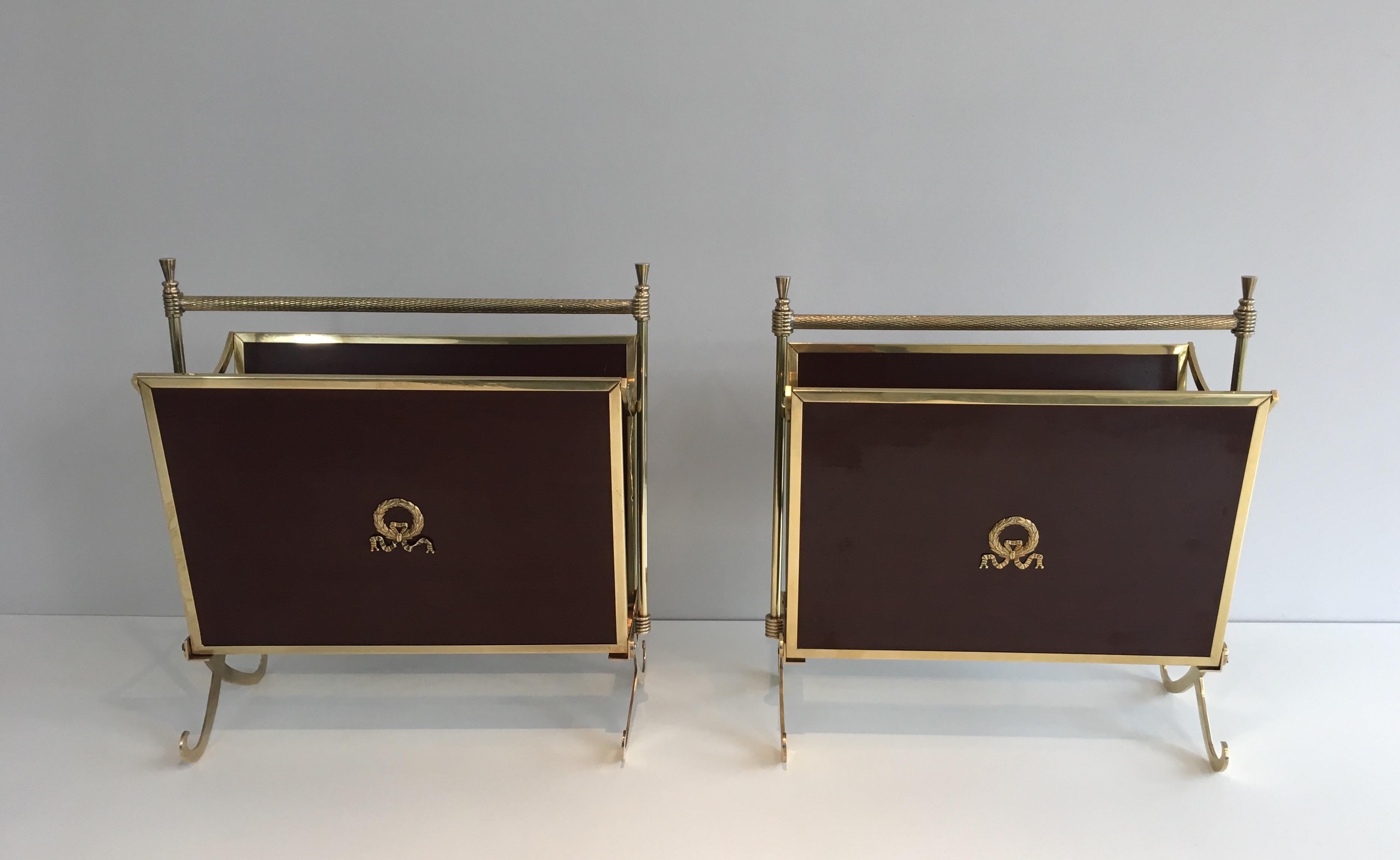 Attributed to Maison Jansen. Rare Pair of Neoclassical Mahogany and Brass Magazine Racks. Circa 1940