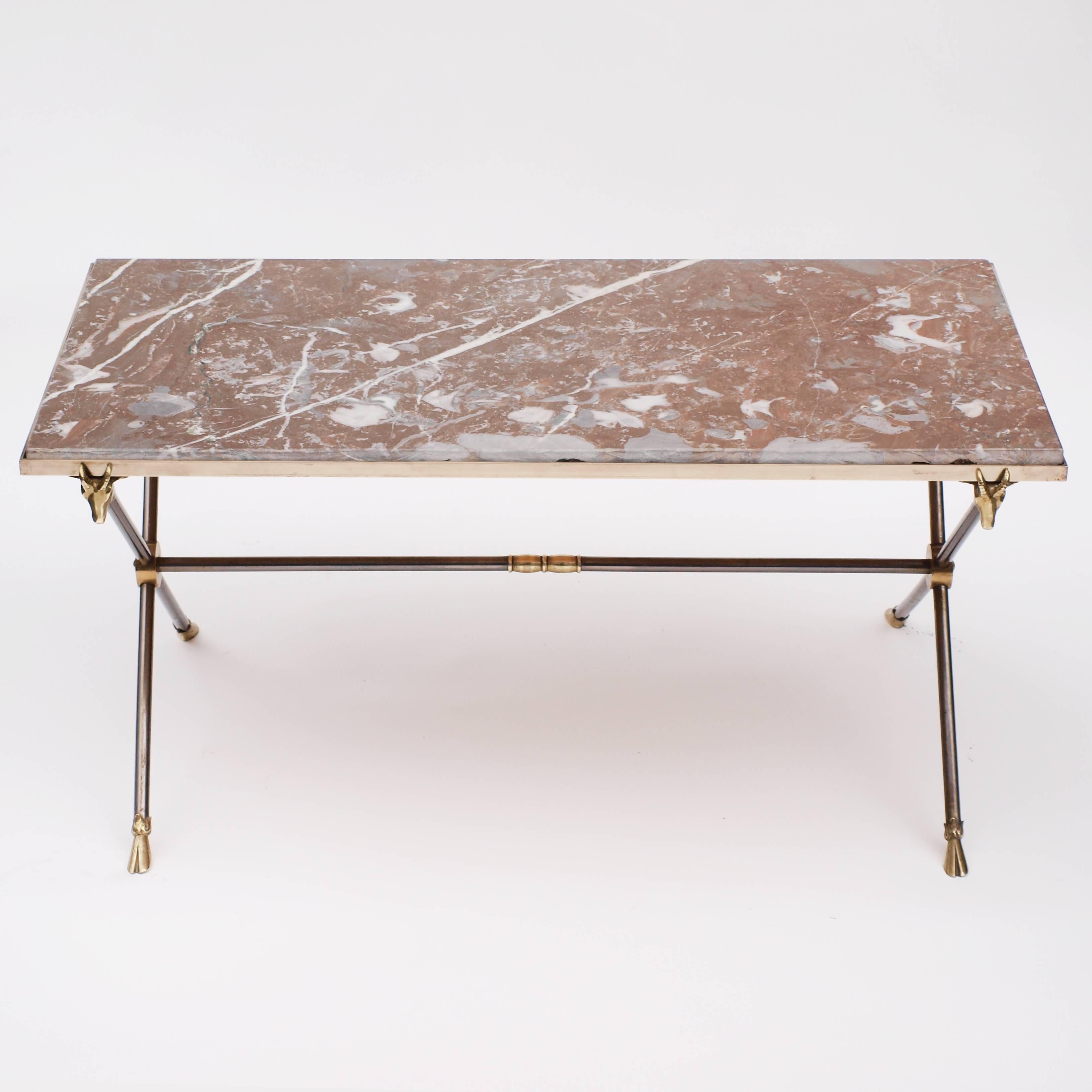 French Attributed to Maison Ramsay Rams Head Brass and  Nickel Coffee Table
