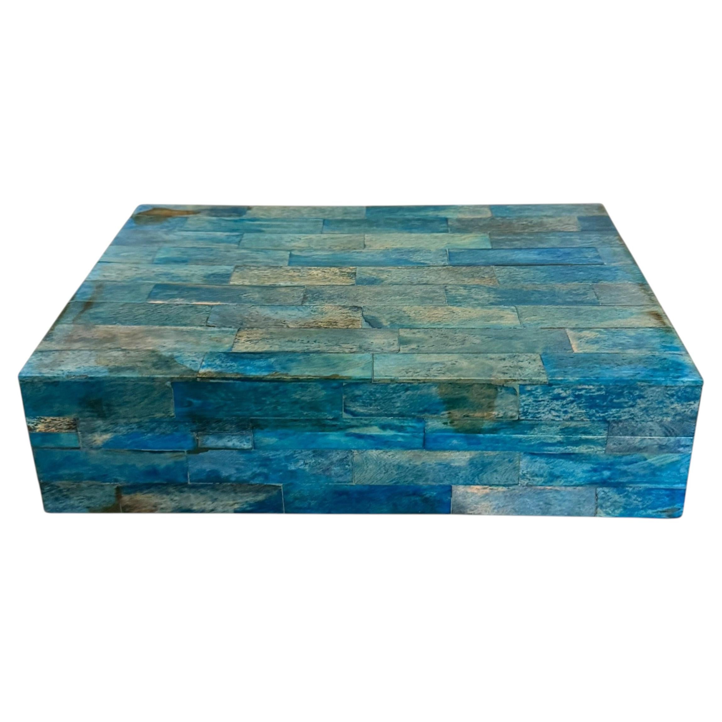 Attributed to Maitland-Smith Blue Dyed Bone Mosaic Decorative Box, Circa