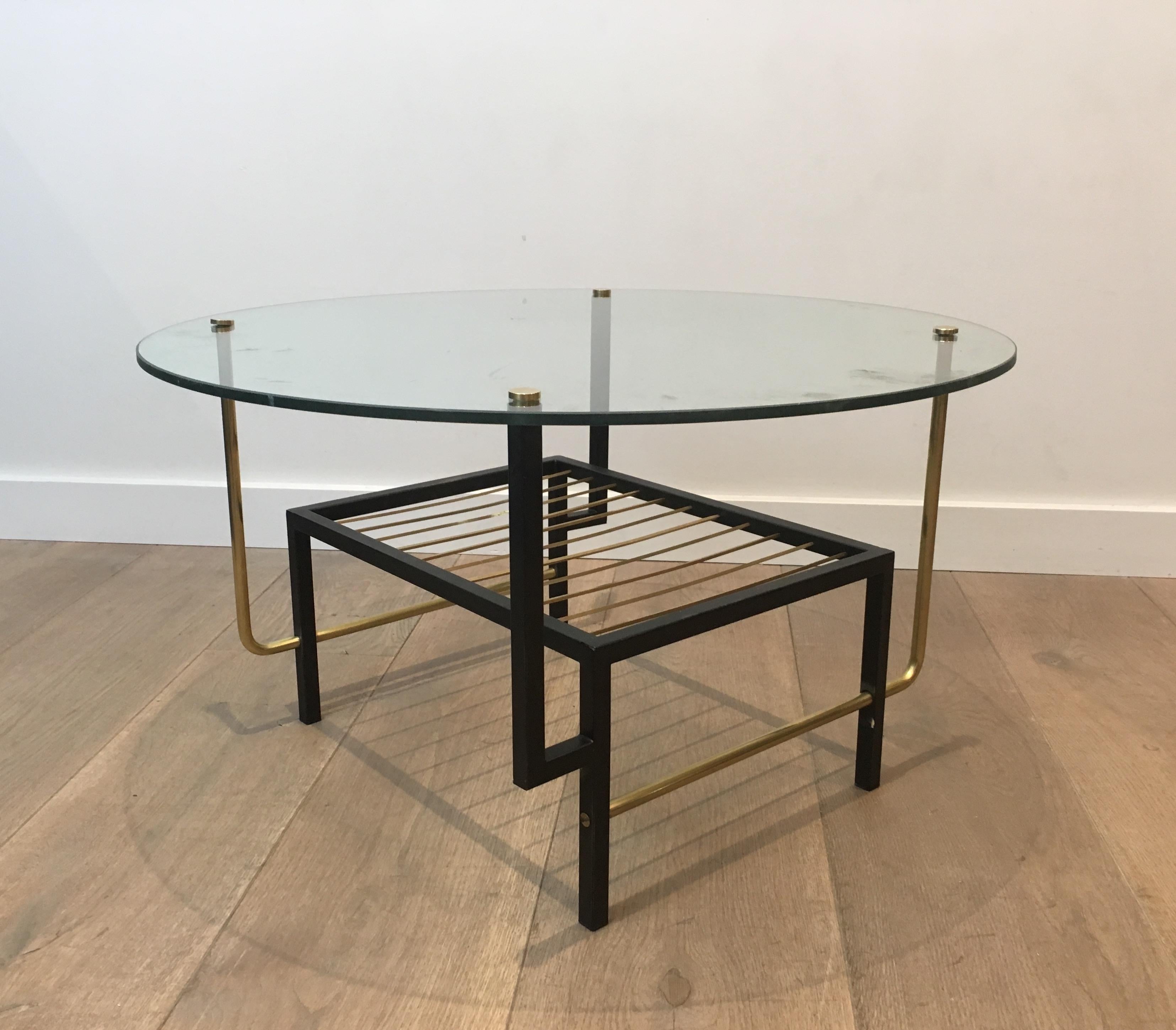 French Attributed to Mathieu Matégot. Rare Black Lacquered and Brass Round Coffee Table For Sale