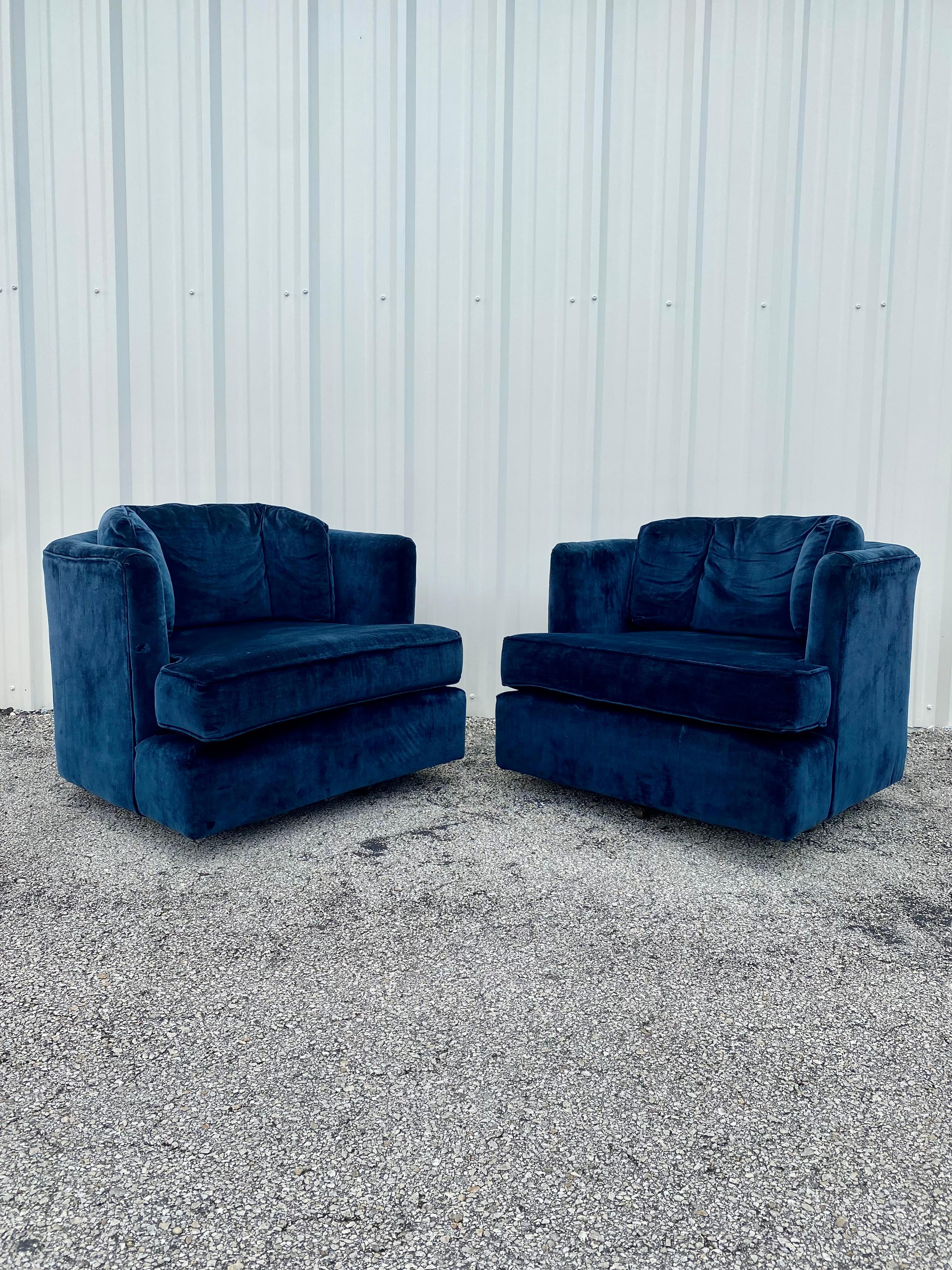 Attributed to Milo Baughman Navy Velvet Hexagonal Swivel Chairs For Sale 5