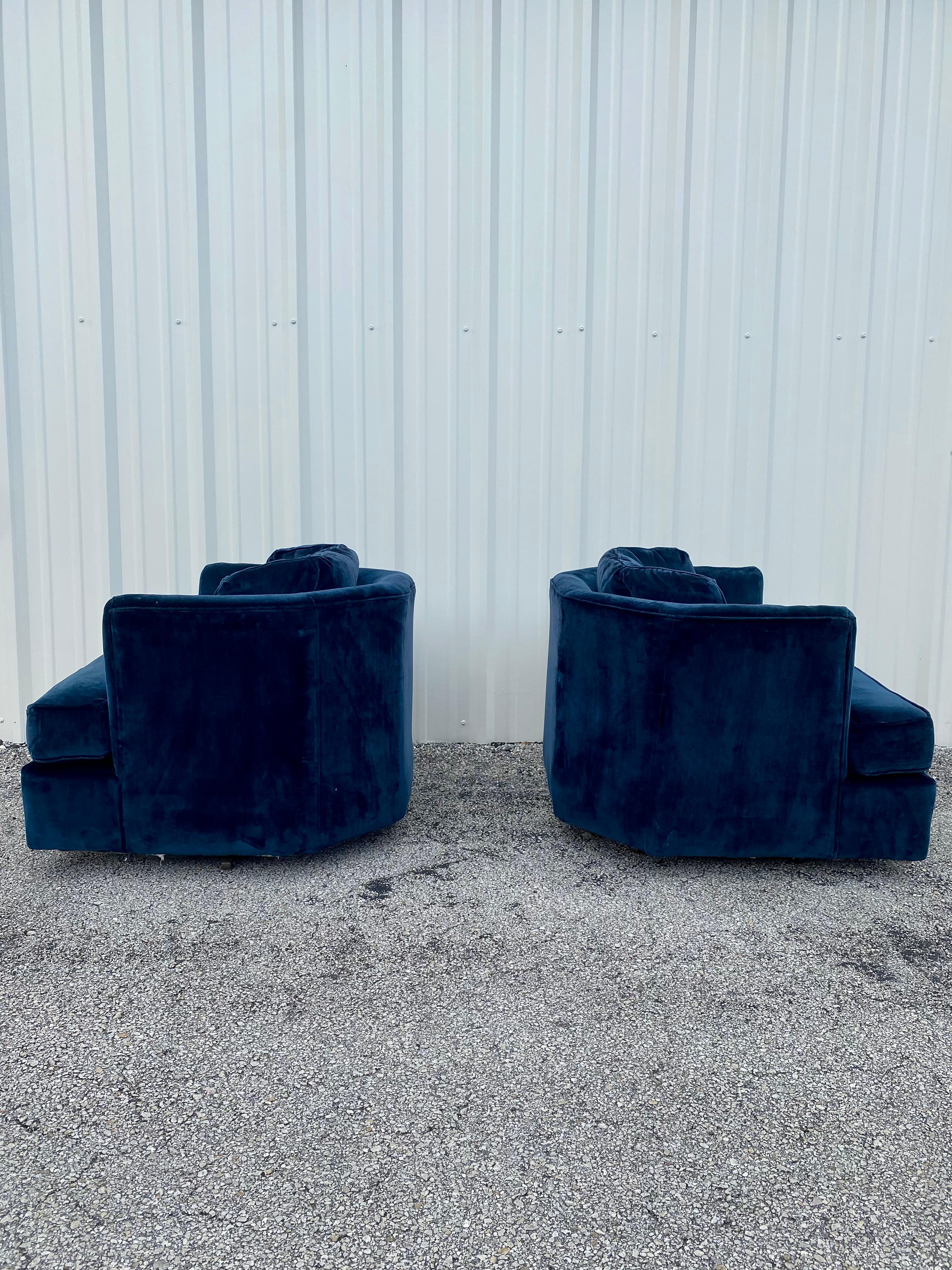 Attributed to Milo Baughman Navy Velvet Hexagonal Swivel Chairs For Sale 6