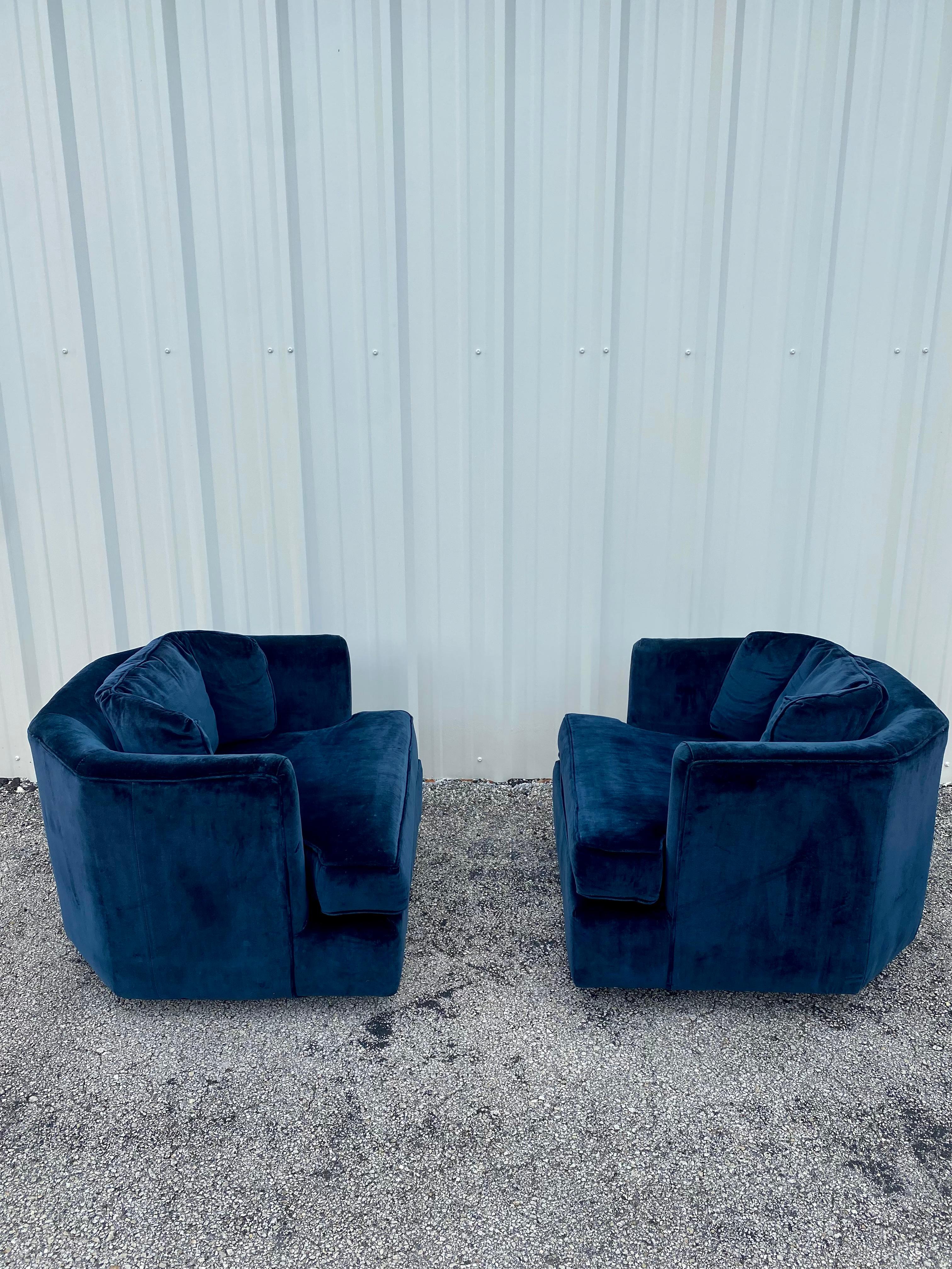 Attributed to Milo Baughman Navy Velvet Hexagonal Swivel Chairs For Sale 1