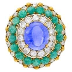 Attributed to Nardi Gold, Cabochon Sapphire and Emerald and Diamond Ring For Sale