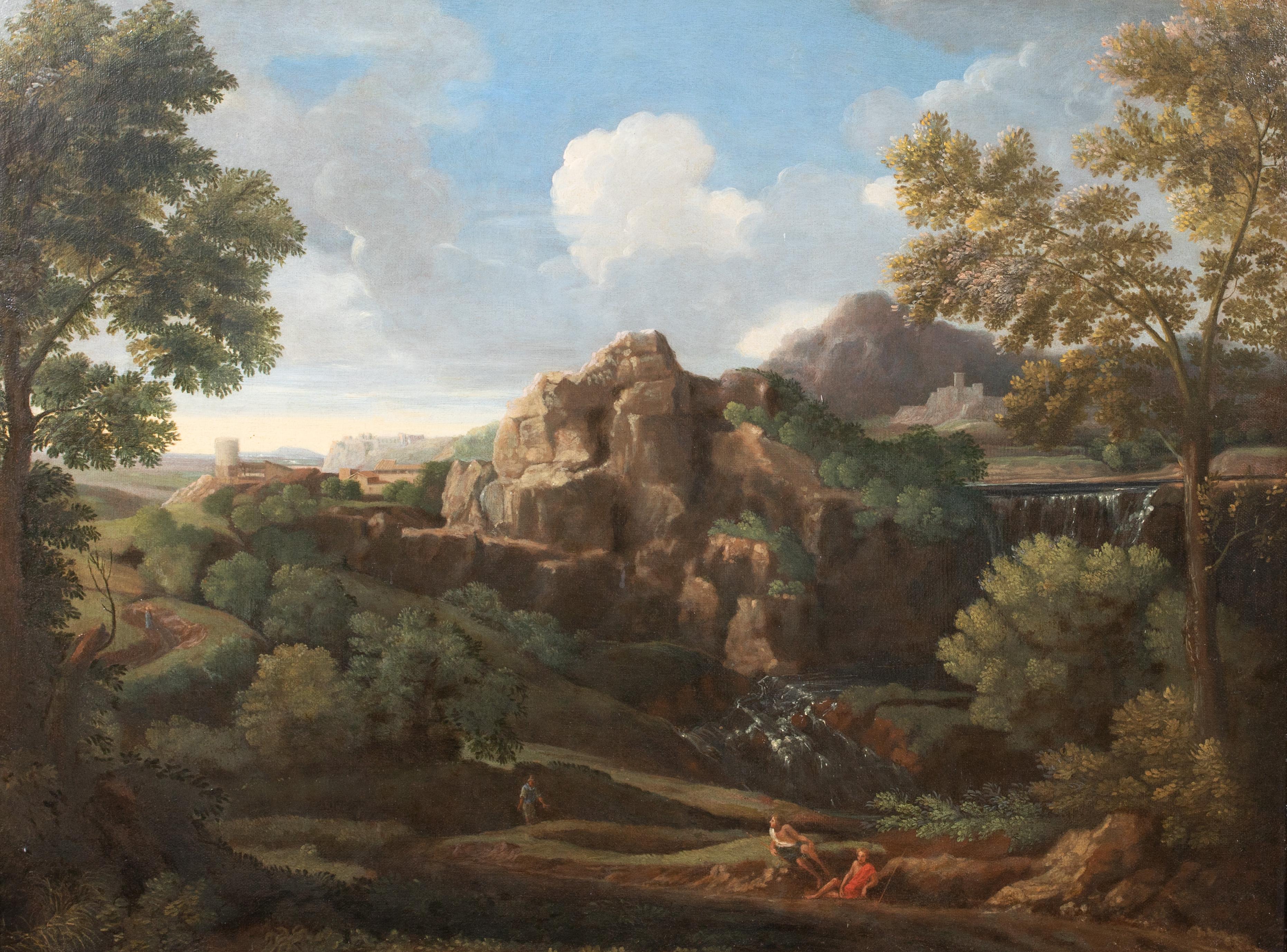 Figures In A Waterfall Landscape, 17th Century - Painting by (Attributed to) Nicolas Poussin