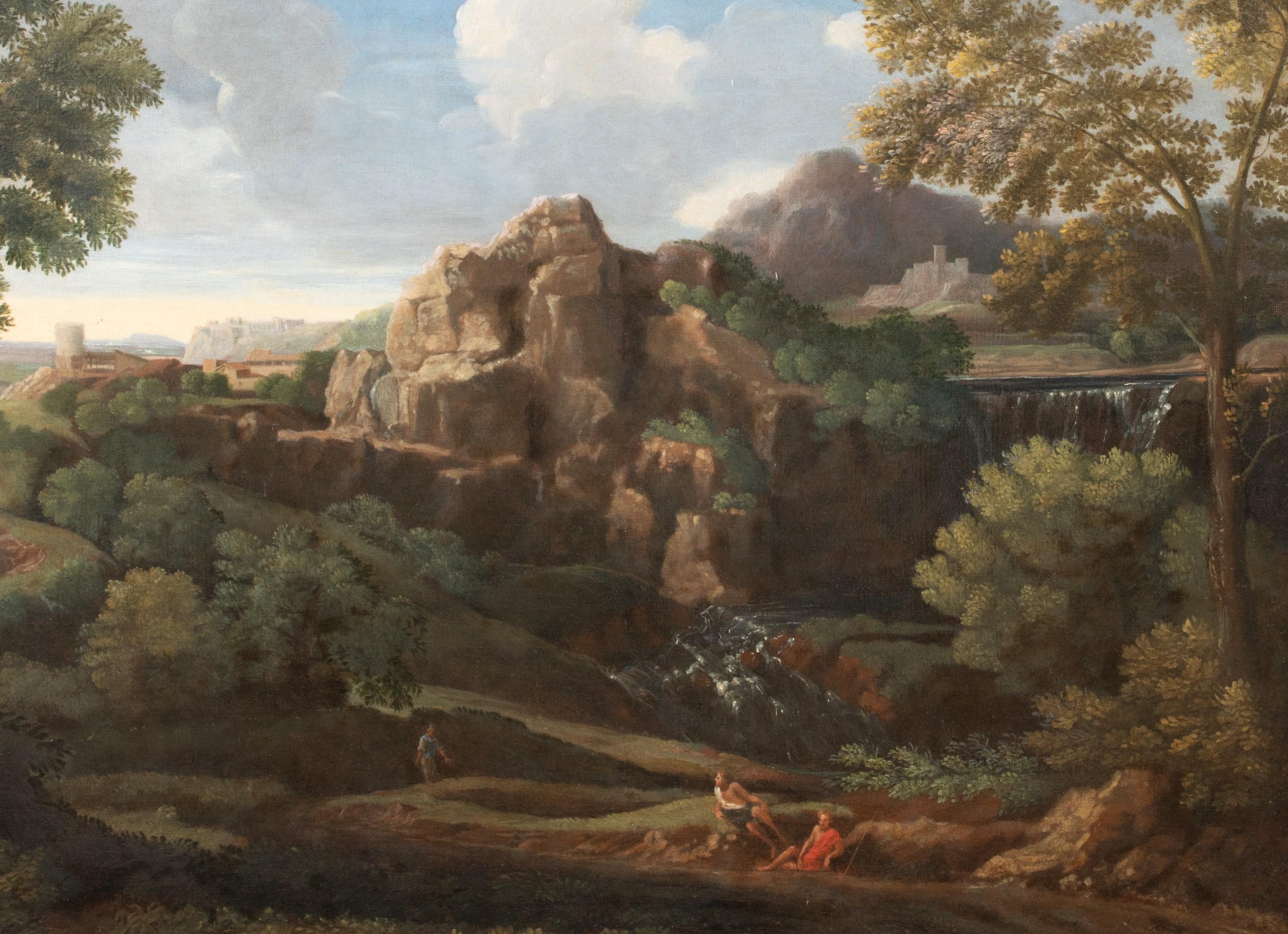 Figures In A Waterfall Landscape, 17th Century - Brown Landscape Painting by (Attributed to) Nicolas Poussin