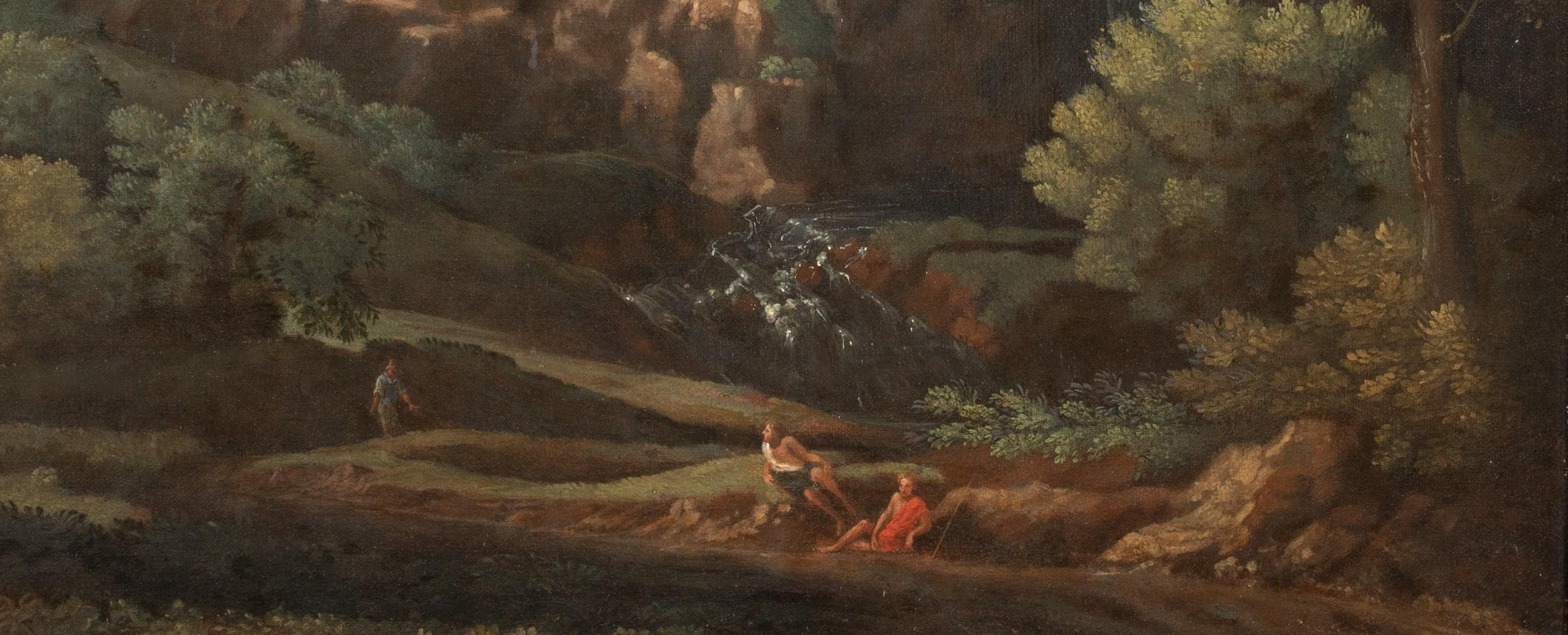 Figures In A Waterfall Landscape, 17th Century

Workshop of Nicolas Poussin (French, 1594-1665)

Large 17th Century Italian Old Master view of figures in a classical landscape with a waterfall beyond, oil on canvas. Godo original condition typical