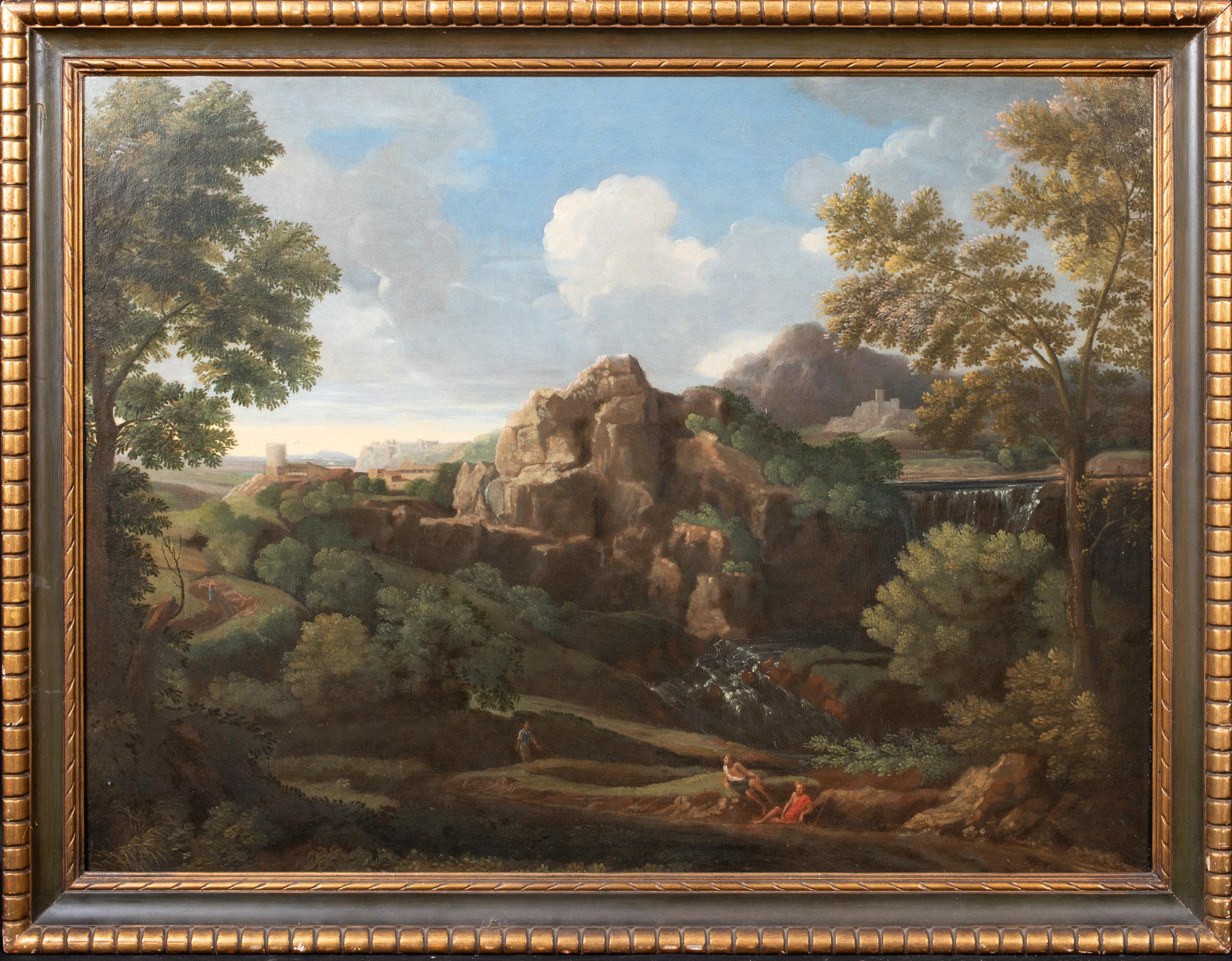 (Attributed to) Nicolas Poussin Landscape Painting - Figures In A Waterfall Landscape, 17th Century