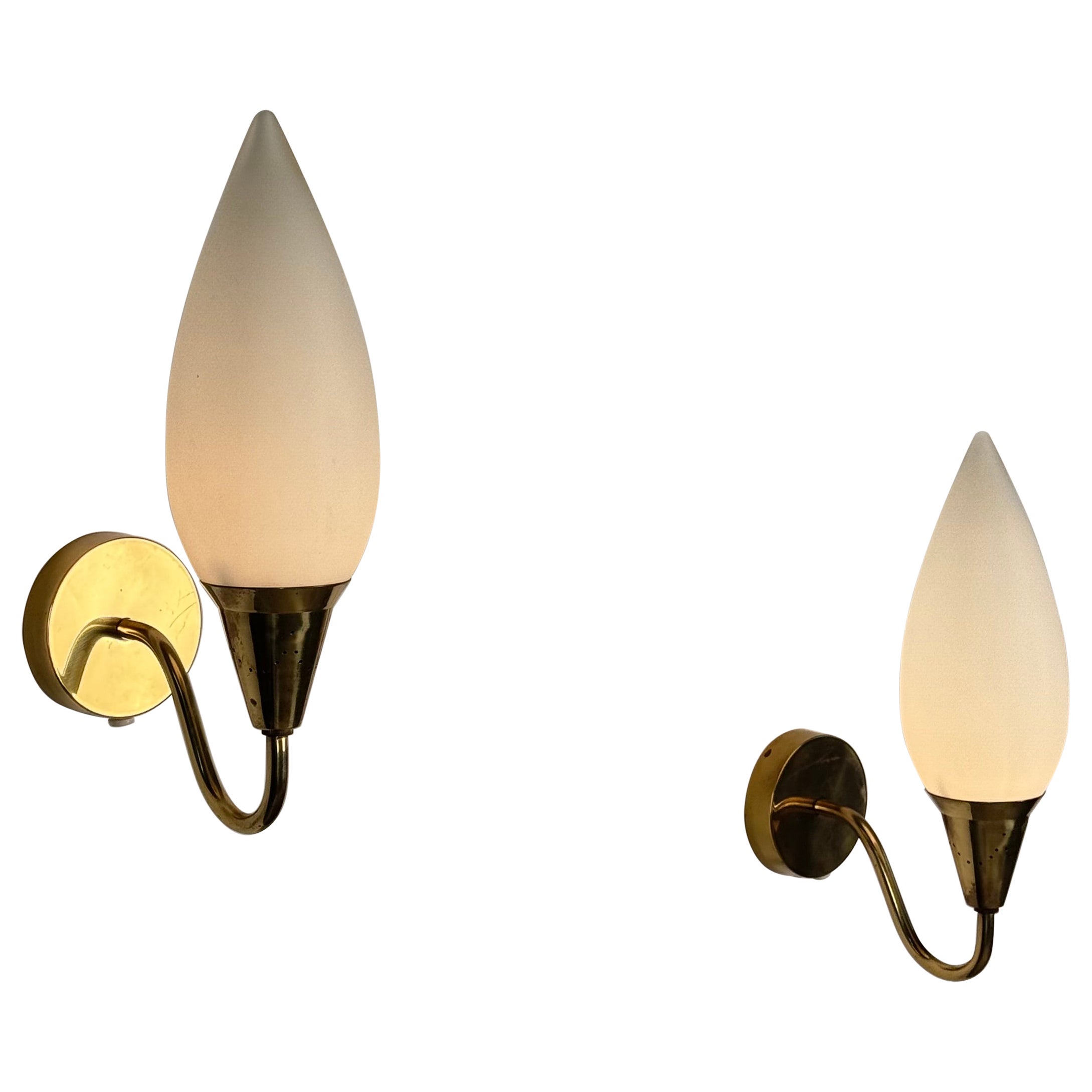 Attributed to Paavo Tynell Pair of Brass Wall Lamps with Opaline Glass, 1940s