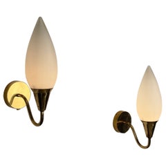 Attributed to Paavo Tynell Pair of Brass Wall Lamps with Opaline Glass, 1940s