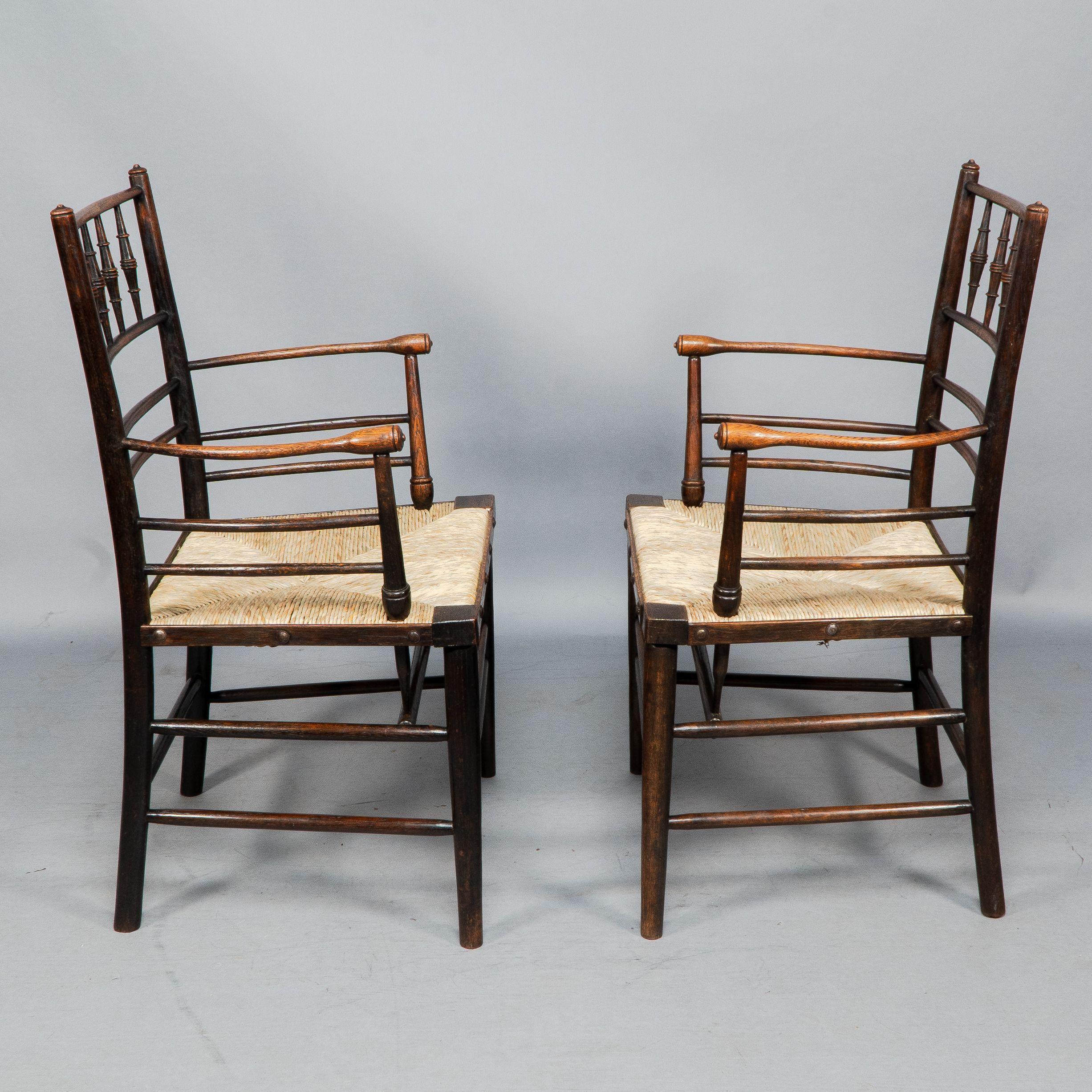 Arts and Crafts Attributed to Philip Webb Rare pair of large Sussex Armchairs, fully restored For Sale