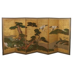 Attributed to Robert Crowder 6 Panel Hand Painted Cranes in Flight Gold Screen