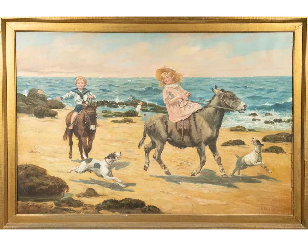 Boy on a Burro and Girl on a Donkey, a sibling beach race with the company of joyful dogs, monumental oil on canvas, signed lower right, in substantial gold painted gesso frame.


OS: 39 x 50 in. (99.1 x 127 cm.) SS: 23 1/2 x 35 1/2 in. (59.7 x 90.2