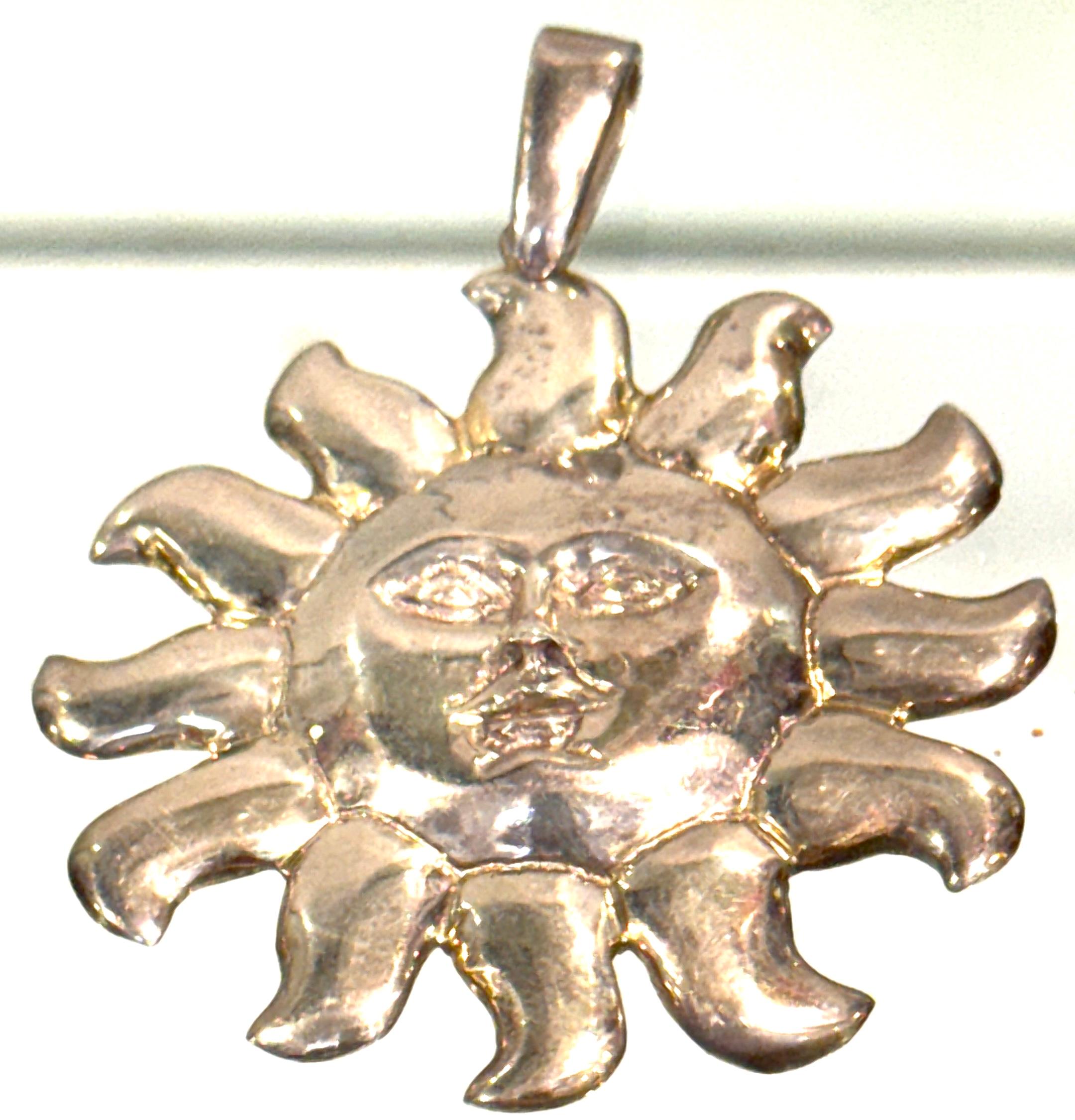 Modern Attributed to Sergio Bustamante, Mexican Sterling Silver Sun Face Pendant, 1990s For Sale