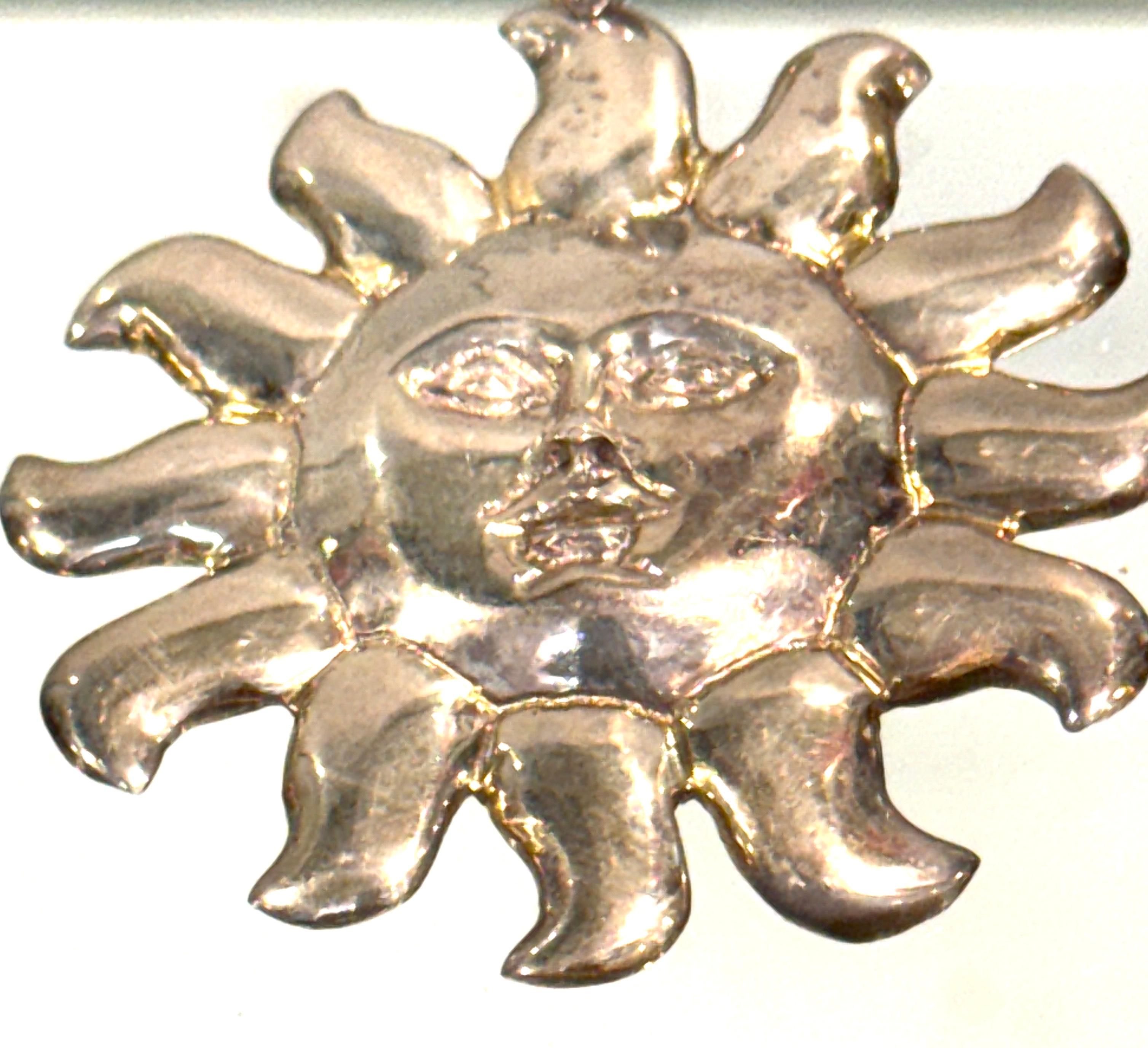 American Attributed to Sergio Bustamante, Mexican Sterling Silver Sun Face Pendant, 1990s For Sale