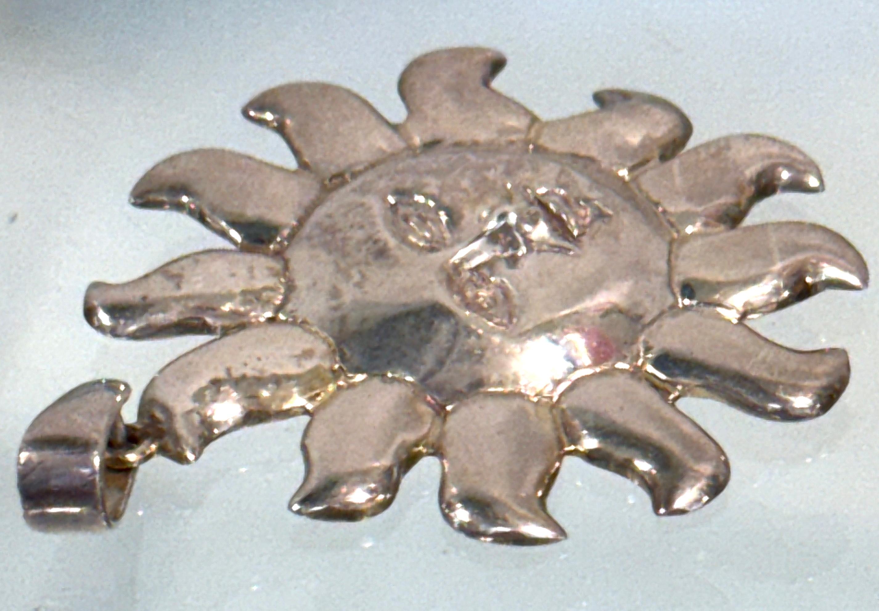 20th Century Attributed to Sergio Bustamante, Mexican Sterling Silver Sun Face Pendant, 1990s For Sale