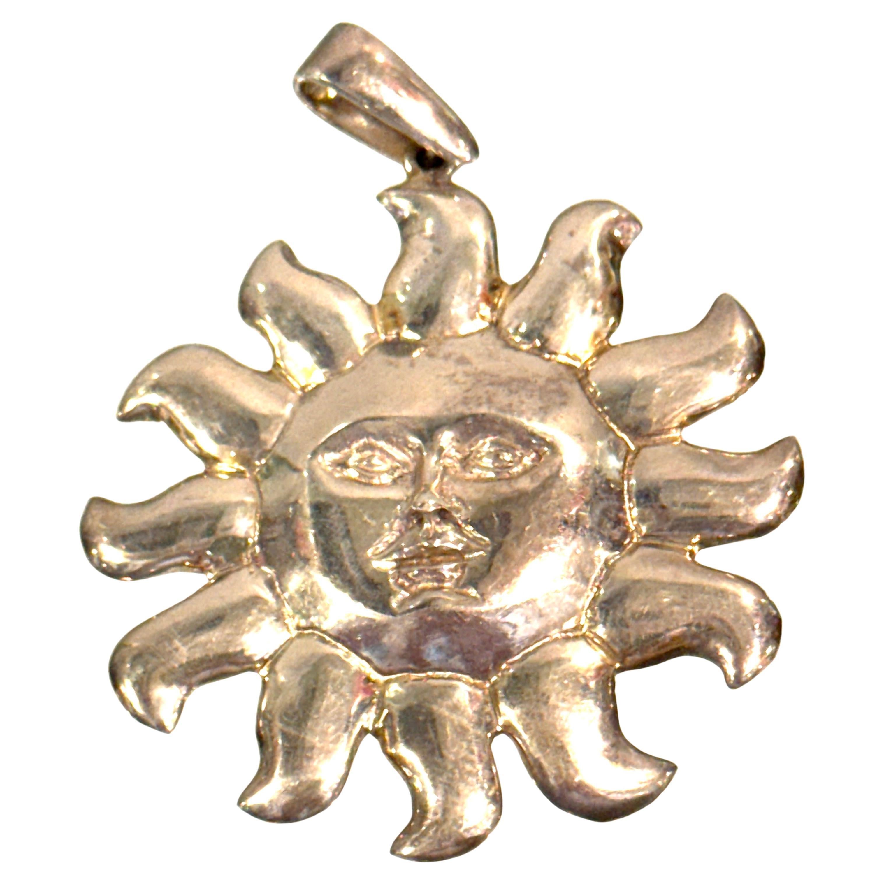Attributed to Sergio Bustamante, Mexican Sterling Silver Sun Face Pendant, 1990s