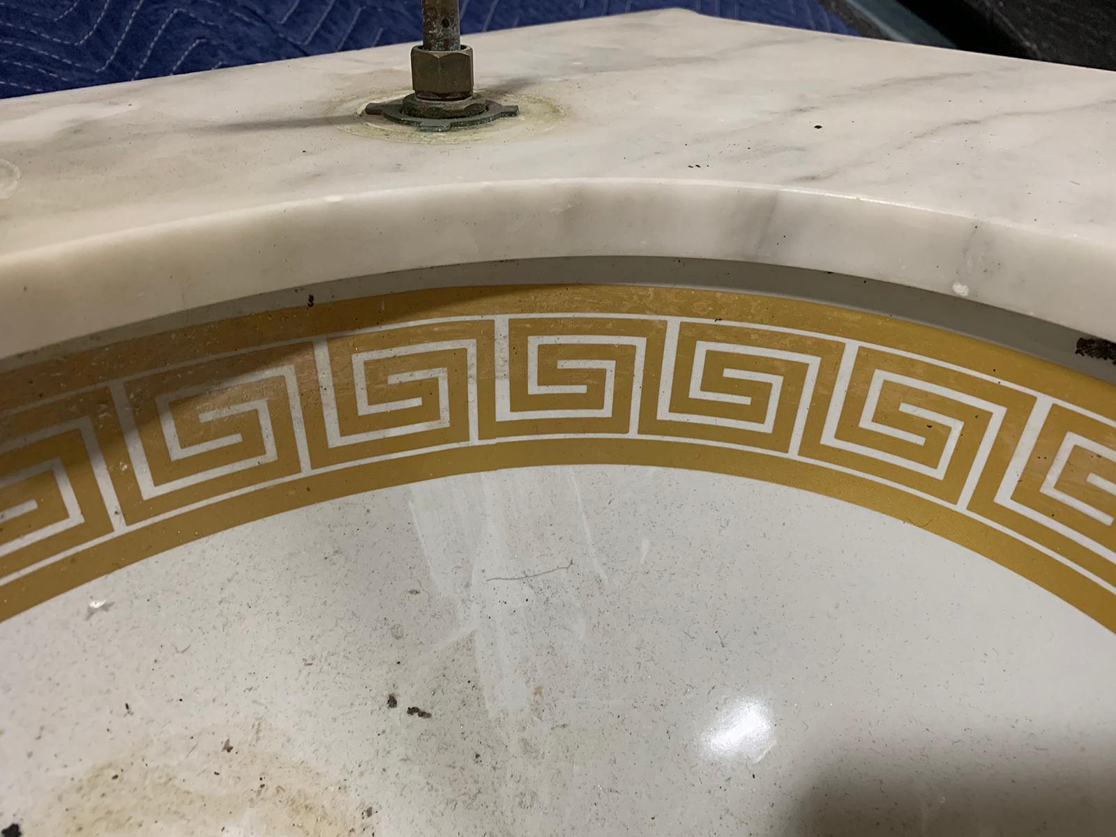 Mid-20th Century Attributed to Sherle Wagner circa 1960s Marble Sink, Gilt Greek Key Edging