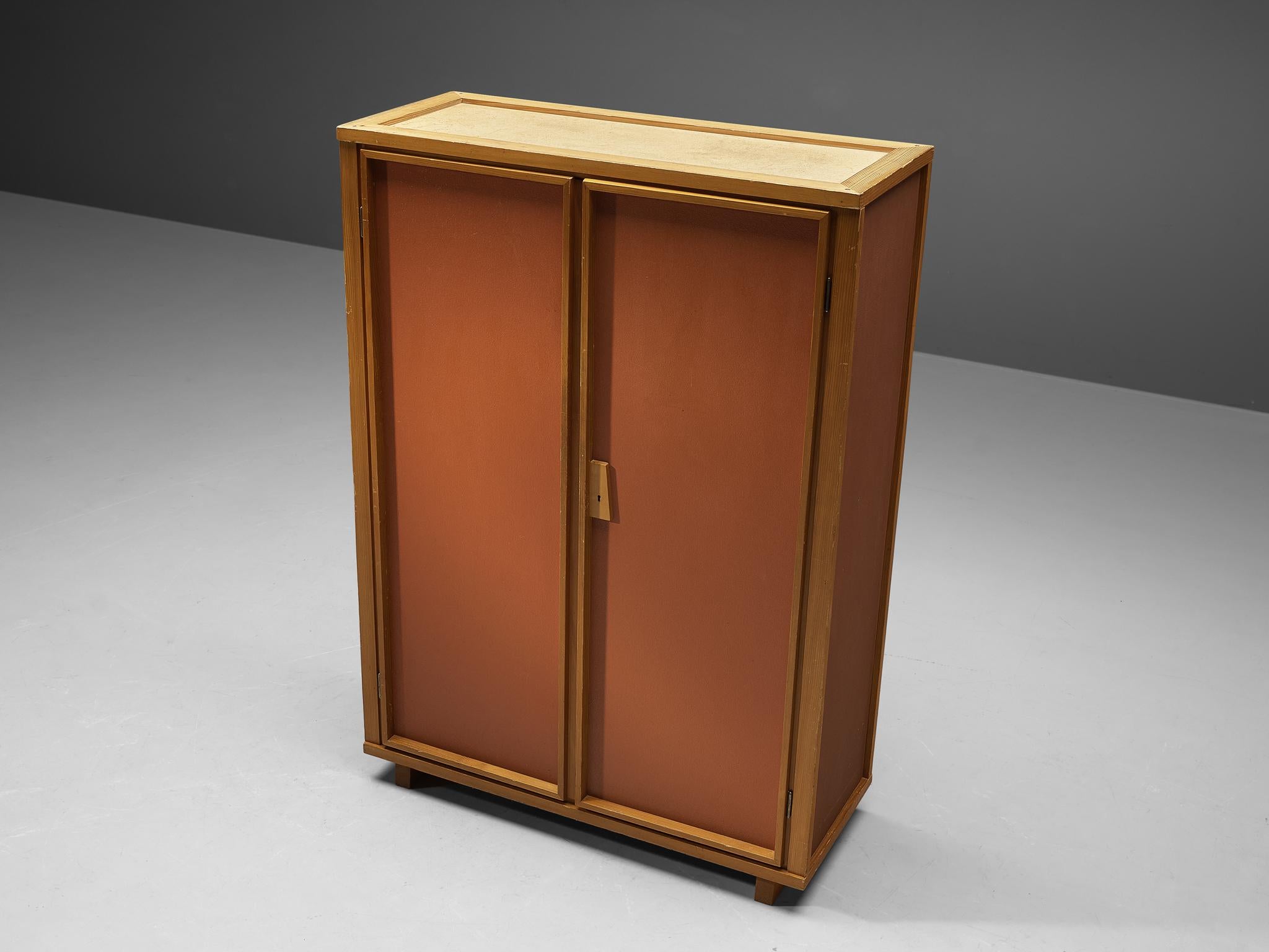 Mid-20th Century Cubic Highboard in Pine and Red Lacquered Doors