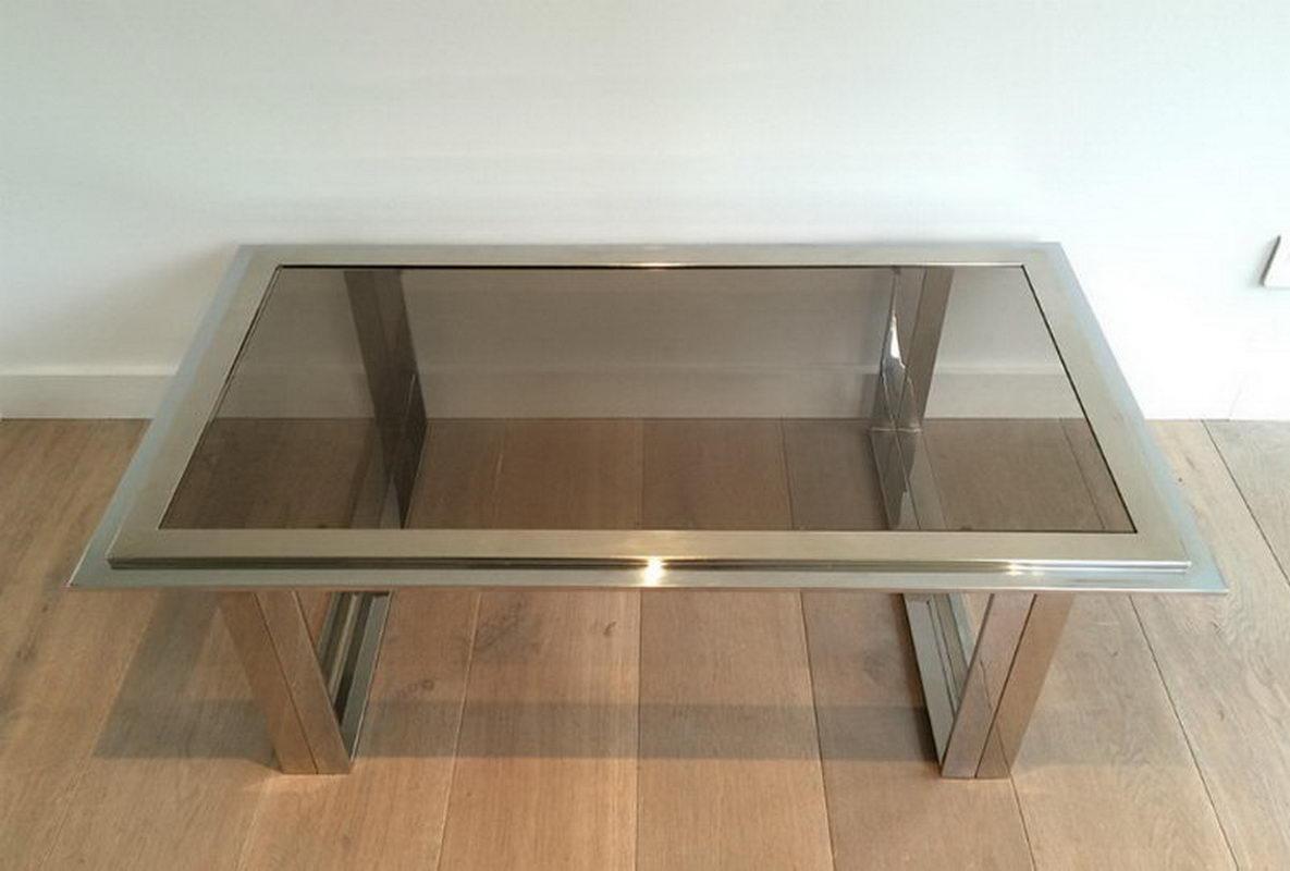 Mid-Century Modern Attributed to Willy Rizzo, Chrome and Brass Design Coffee Table, Circa 1970 For Sale