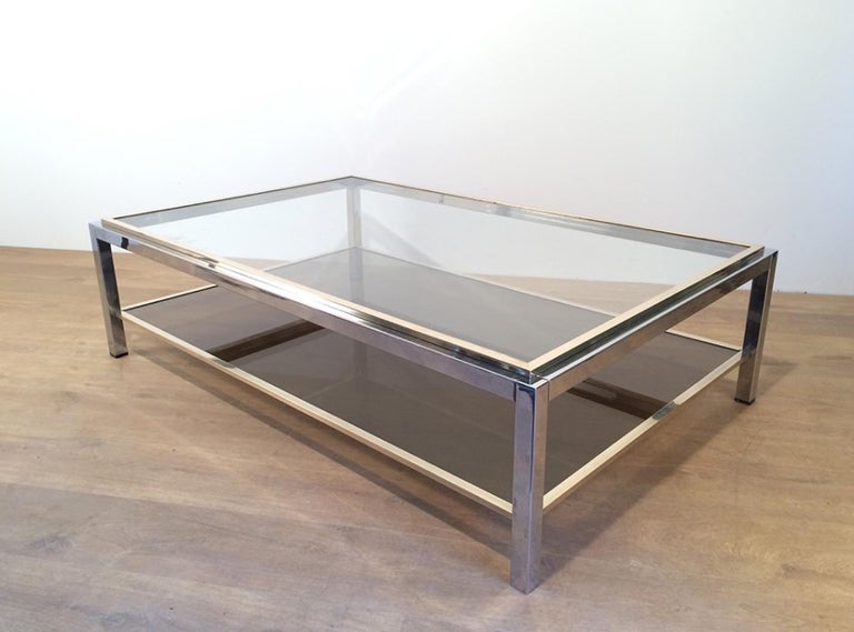 Attributed to Willy Rizzo, Large Chrome and Brass Coffee Table, circa 1970 For Sale 3