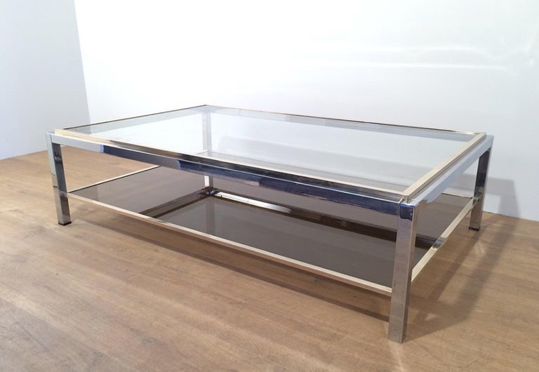 Attributed to Willy Rizzo, Large Chrome and Brass Coffee Table, circa 1970 For Sale 5