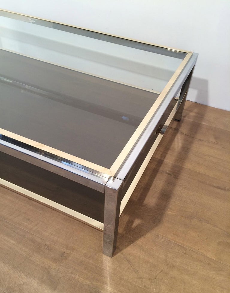 Mid-Century Modern Attributed to Willy Rizzo, Large Chrome and Brass Coffee Table, circa 1970 For Sale