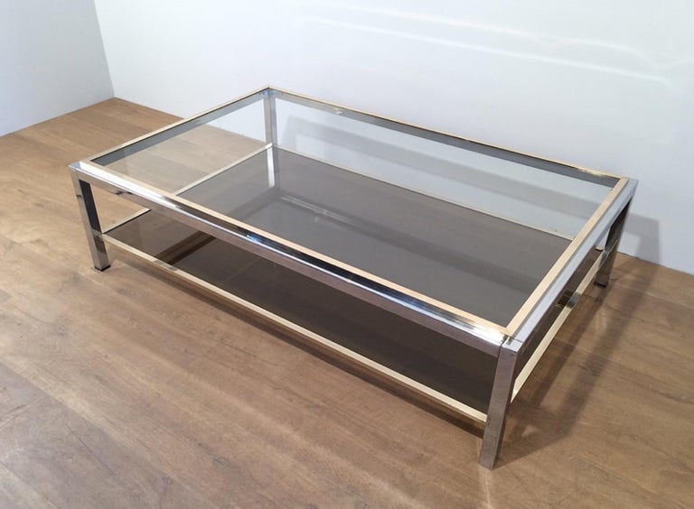 Glass Attributed to Willy Rizzo, Large Chrome and Brass Coffee Table, circa 1970 For Sale