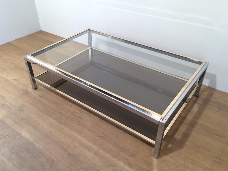 Attributed to Willy Rizzo, Large Chrome and Brass Coffee Table, circa 1970 For Sale 2