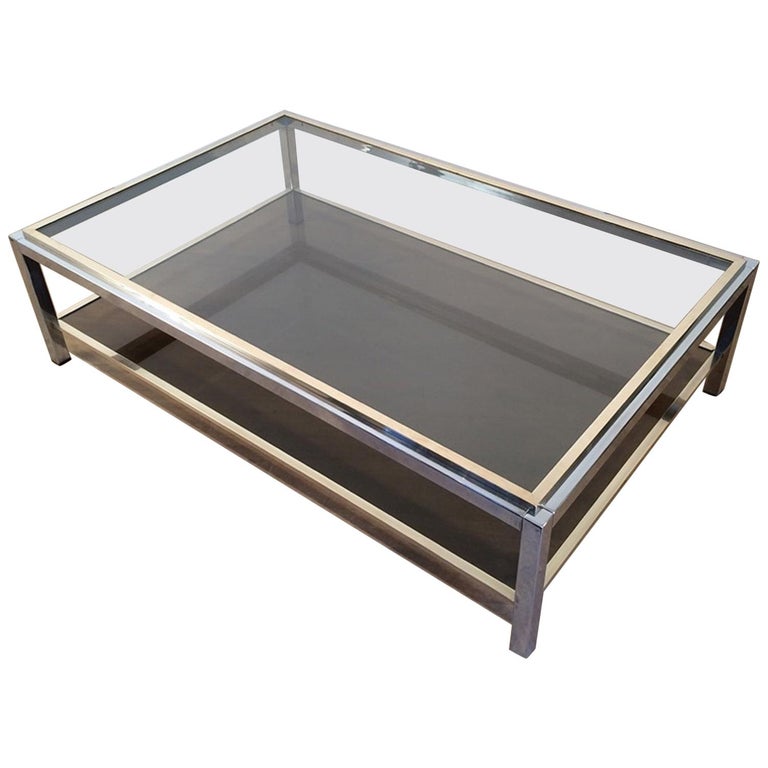 Attributed to Willy Rizzo, Large Chrome and Brass Coffee Table, circa 1970 For Sale
