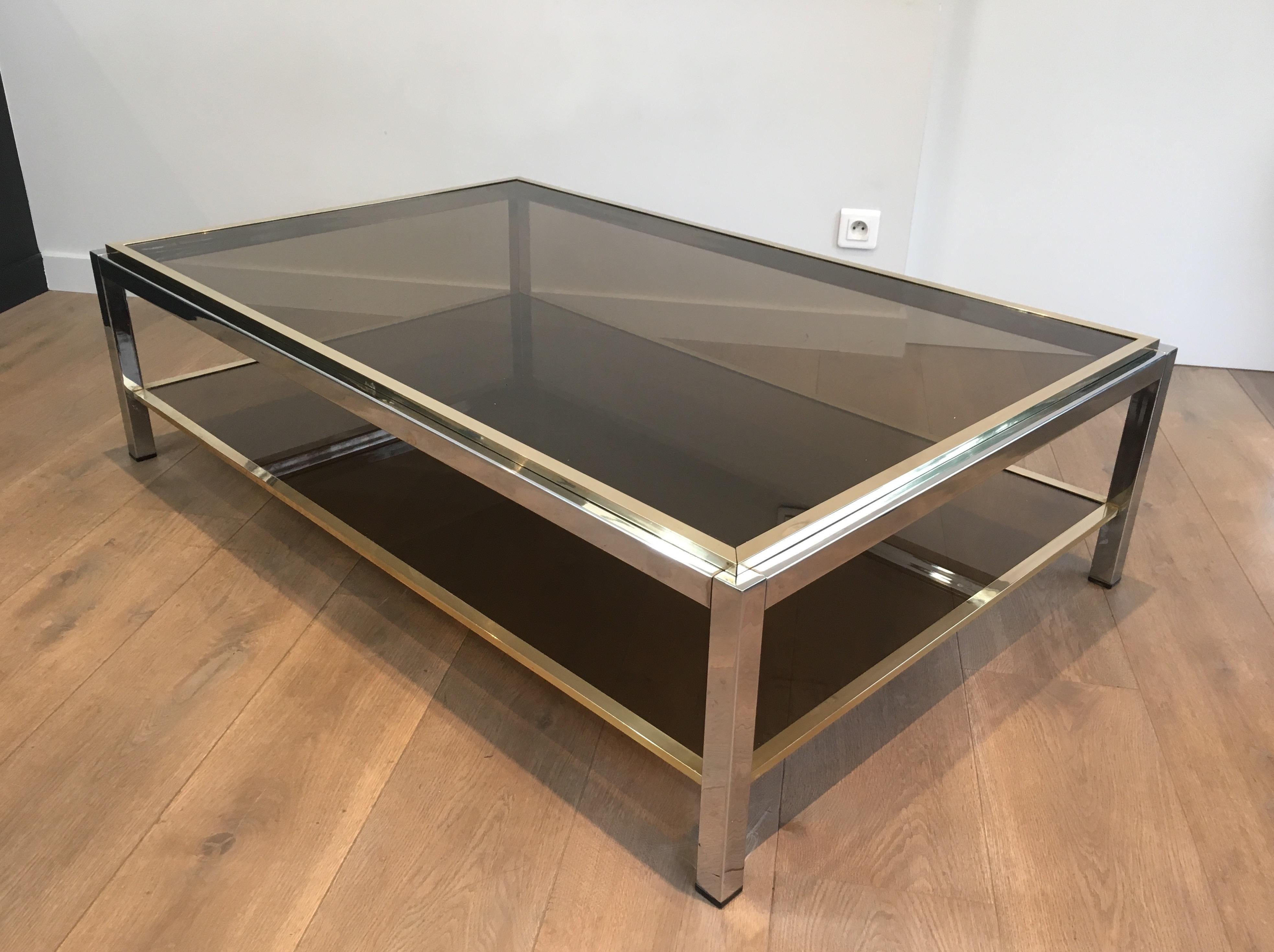 Attributed to Willy Rizzo, Large Chrome and Brass Coffee Table with Smoked Glass 12