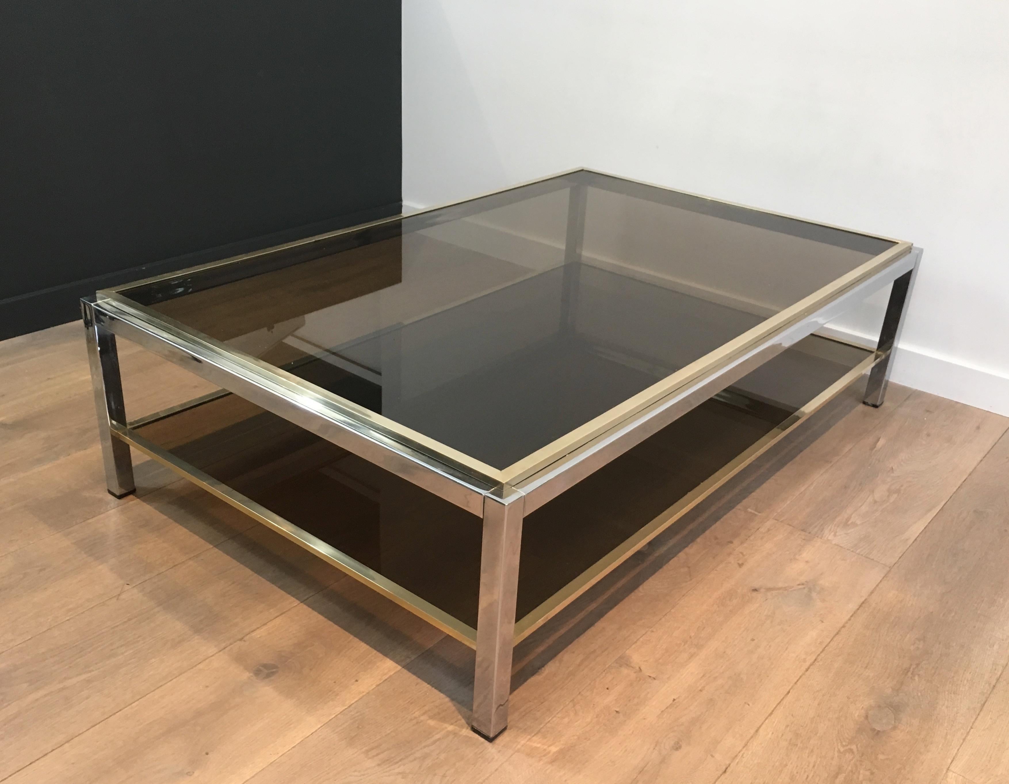 Attributed to Willy Rizzo, Large Chrome and Brass Coffee Table with Smoked Glass 13