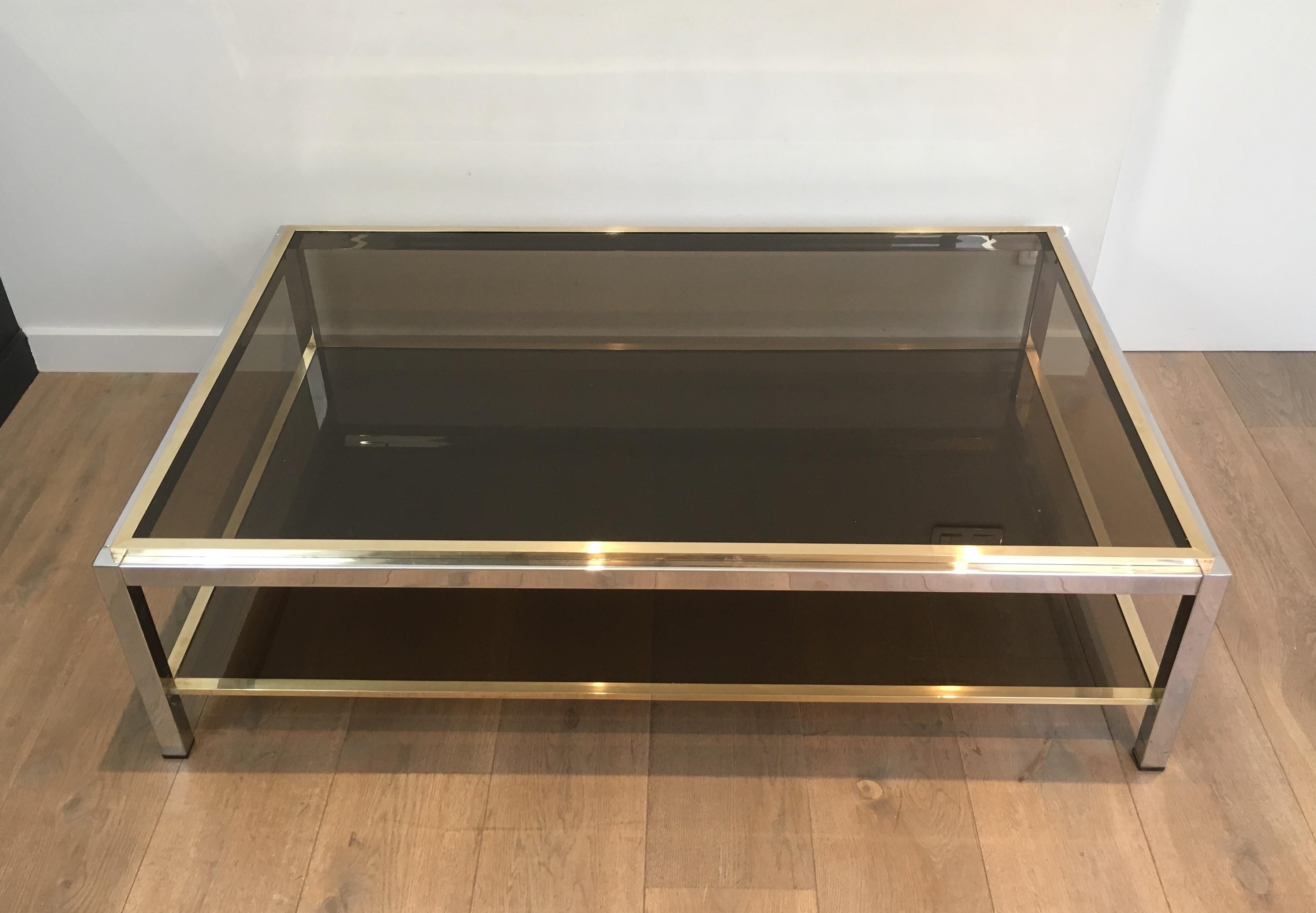 Mid-Century Modern Attributed to Willy Rizzo, Large Chrome and Brass Coffee Table with Smoked Glass