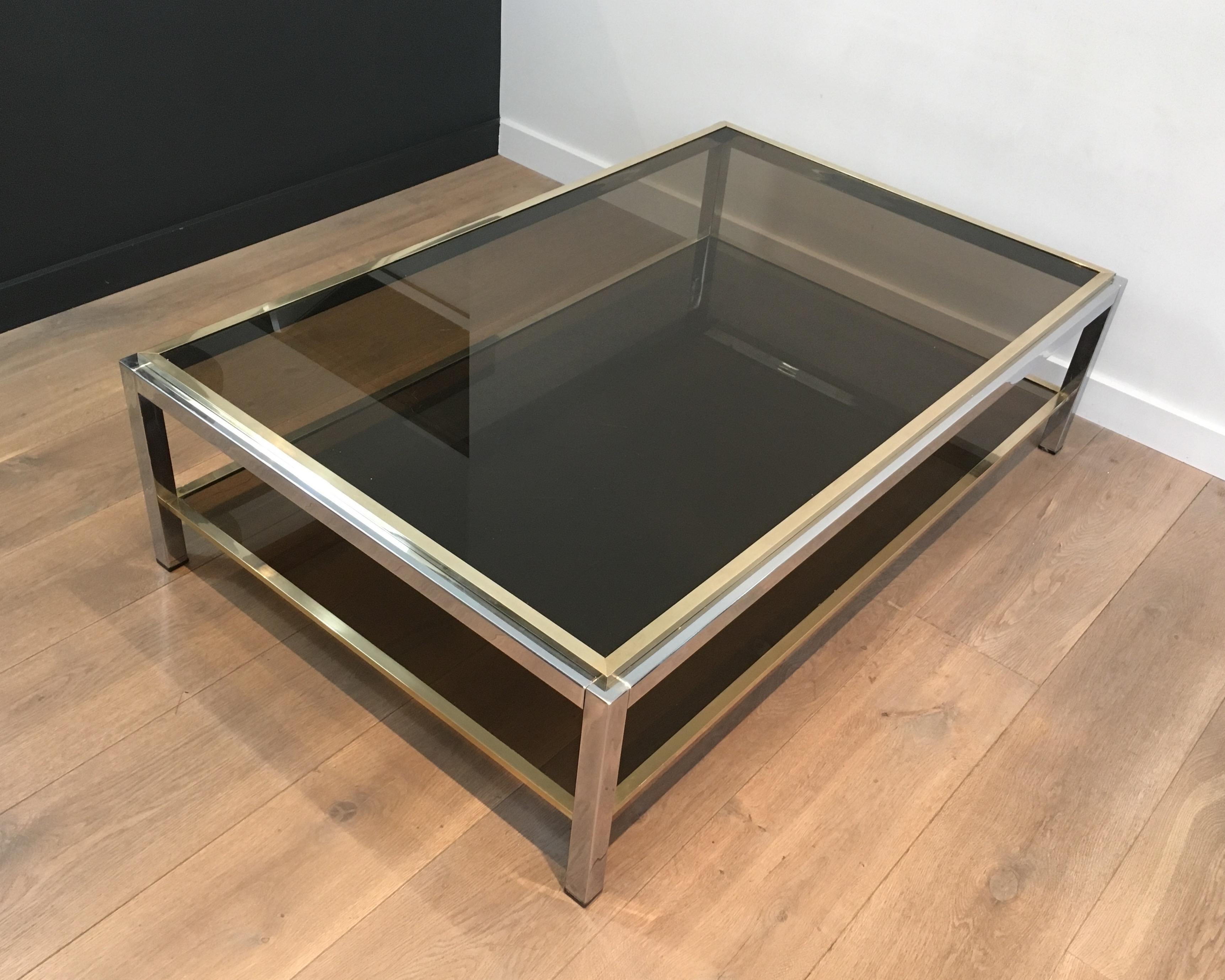 French Attributed to Willy Rizzo, Large Chrome and Brass Coffee Table with Smoked Glass