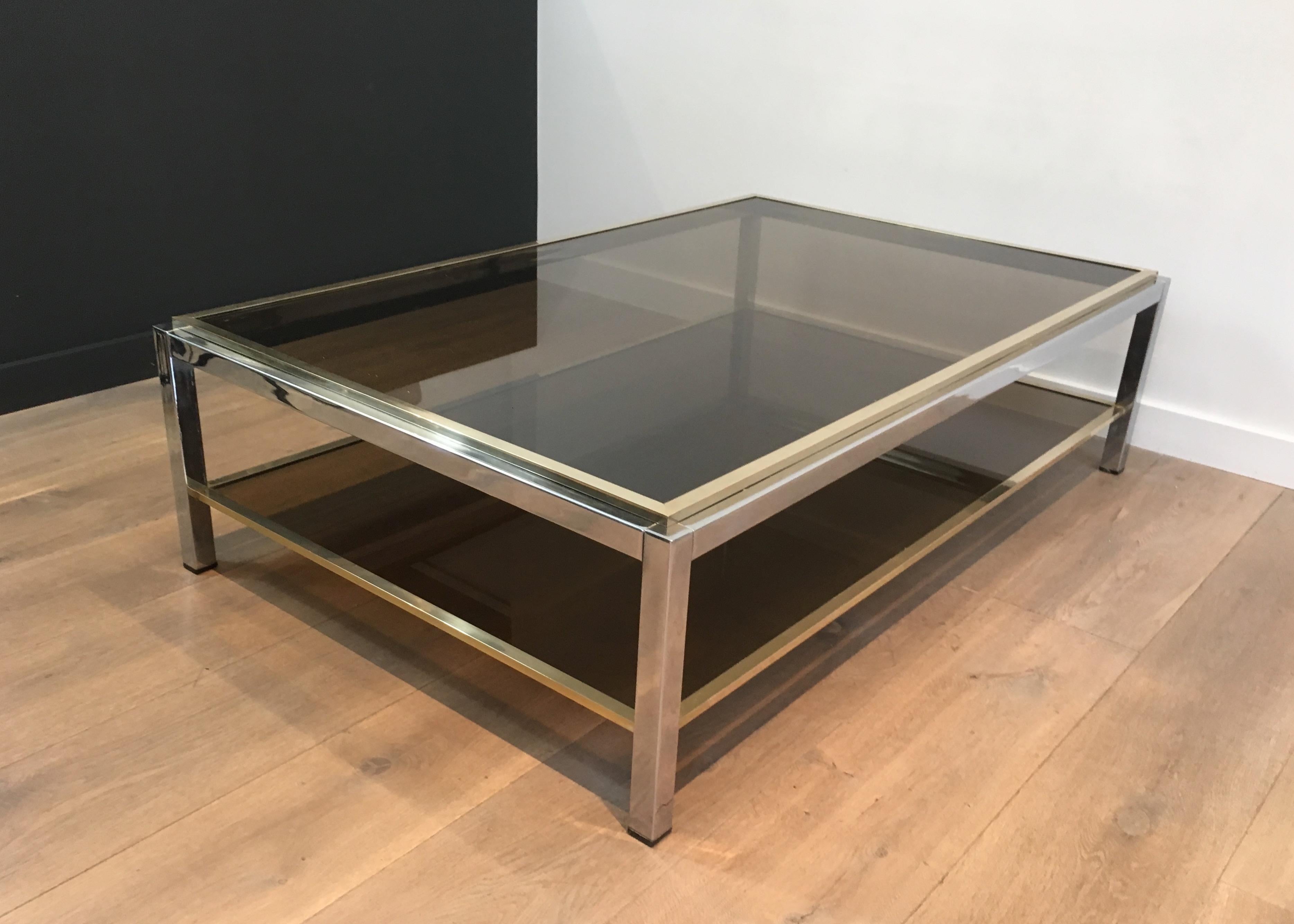 Bronzed Attributed to Willy Rizzo, Large Chrome and Brass Coffee Table with Smoked Glass
