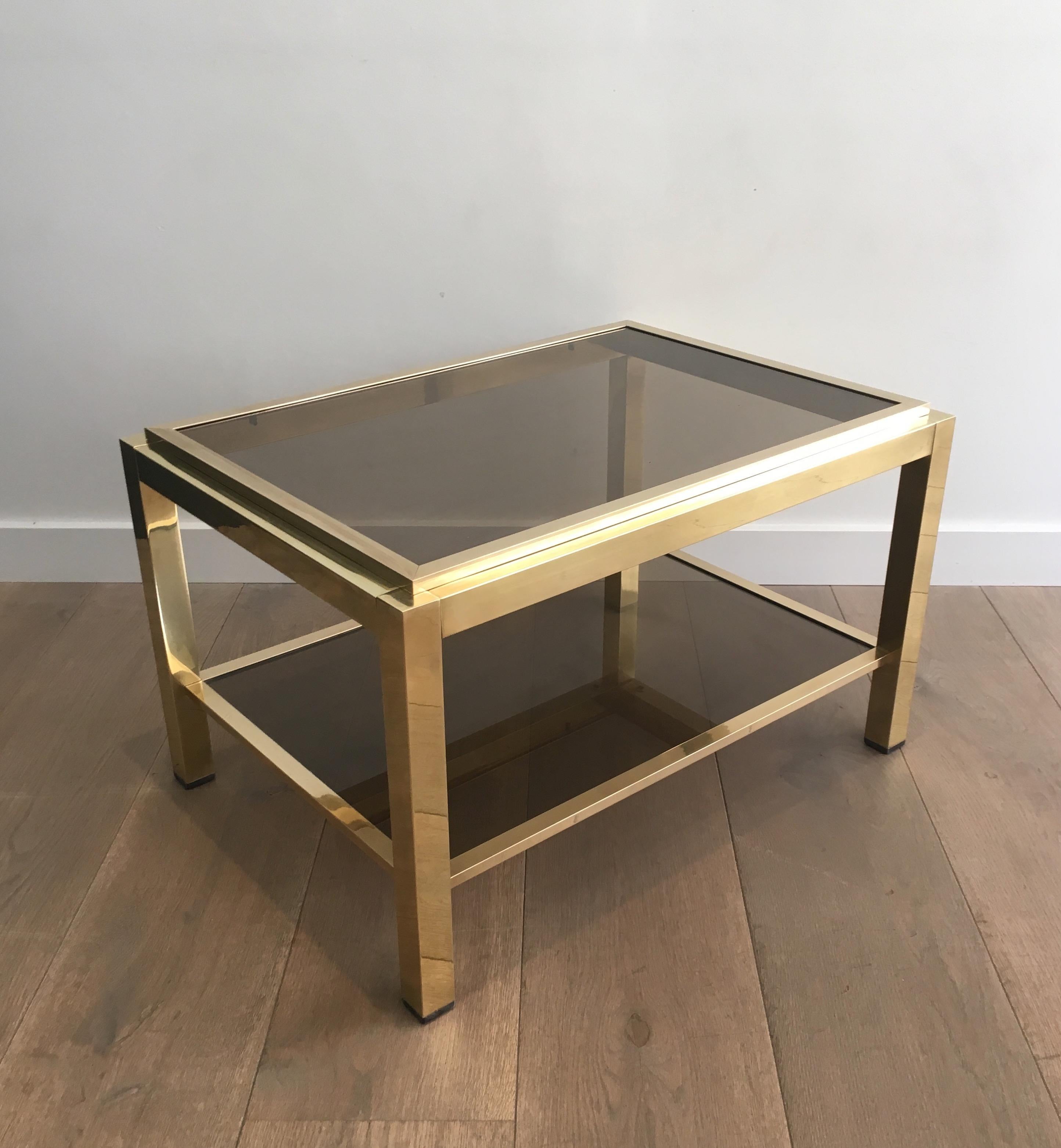 Attributed to Willy Rizzo, Pair of Large Brass Side Tables with Smoked Glass For Sale 8