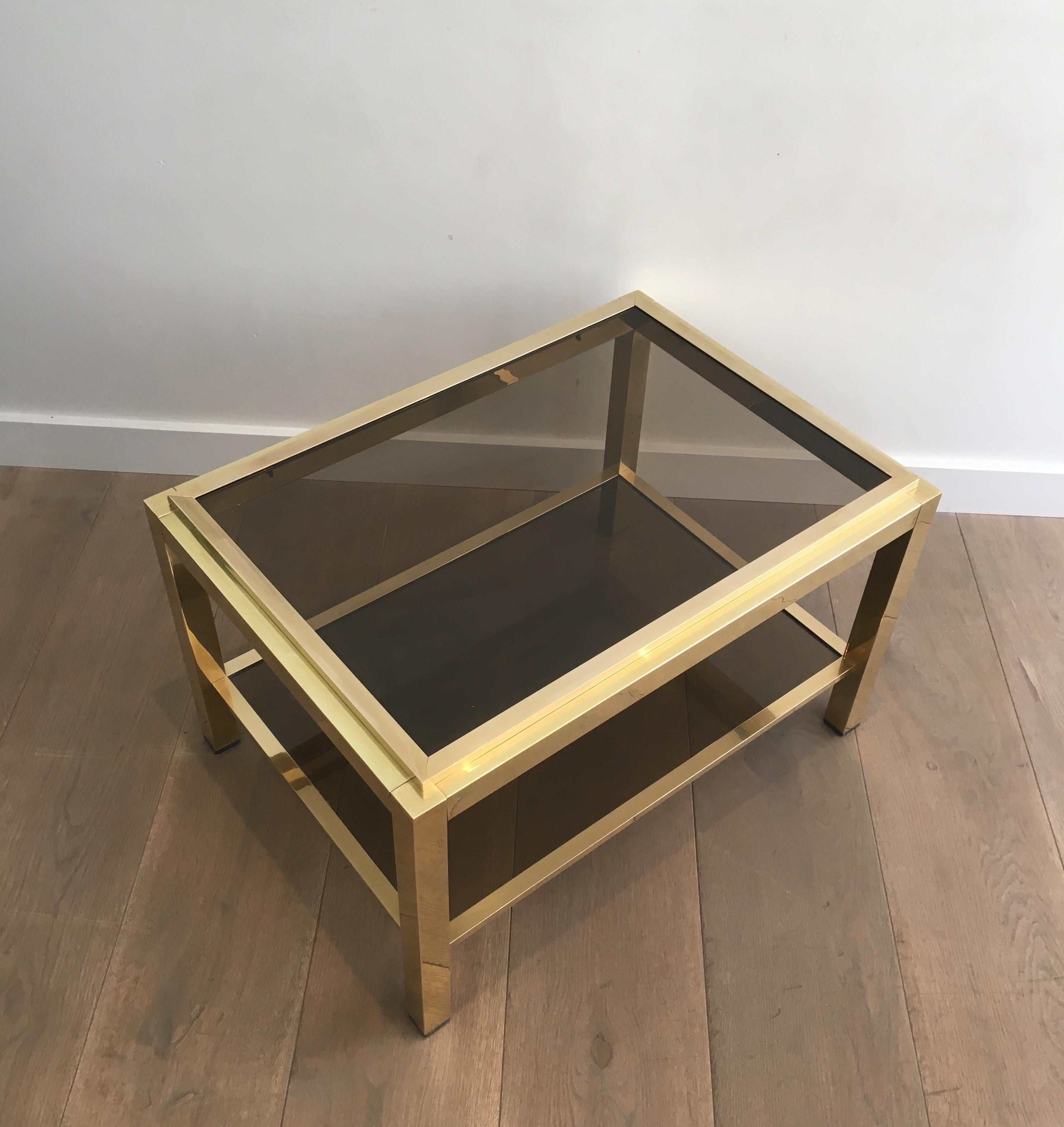 Attributed to Willy Rizzo, Pair of Large Brass Side Tables with Smoked Glass For Sale 9