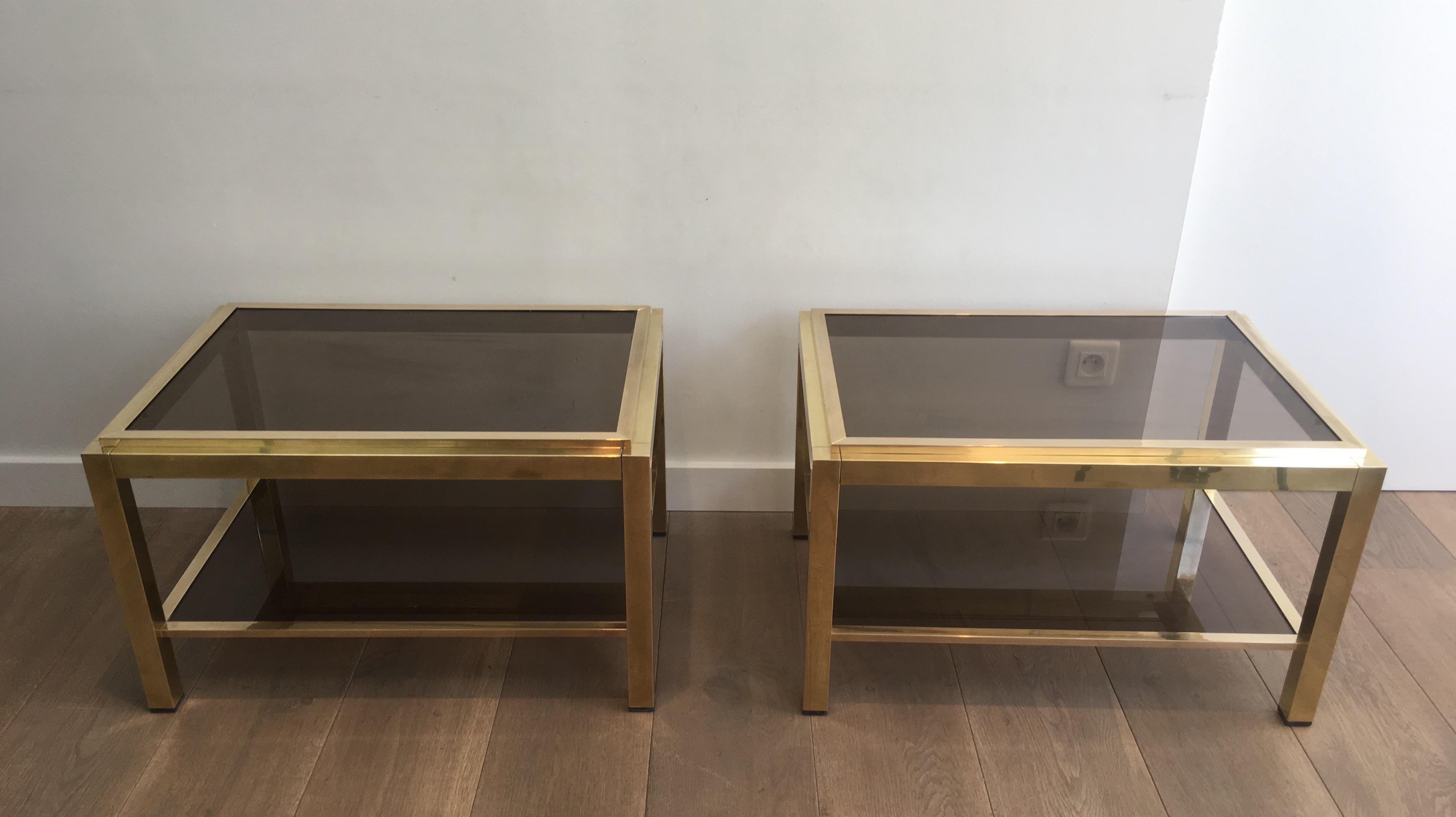 Attributed to Willy Rizzo, Pair of Large Brass Side Tables with Smoked Glass For Sale 10