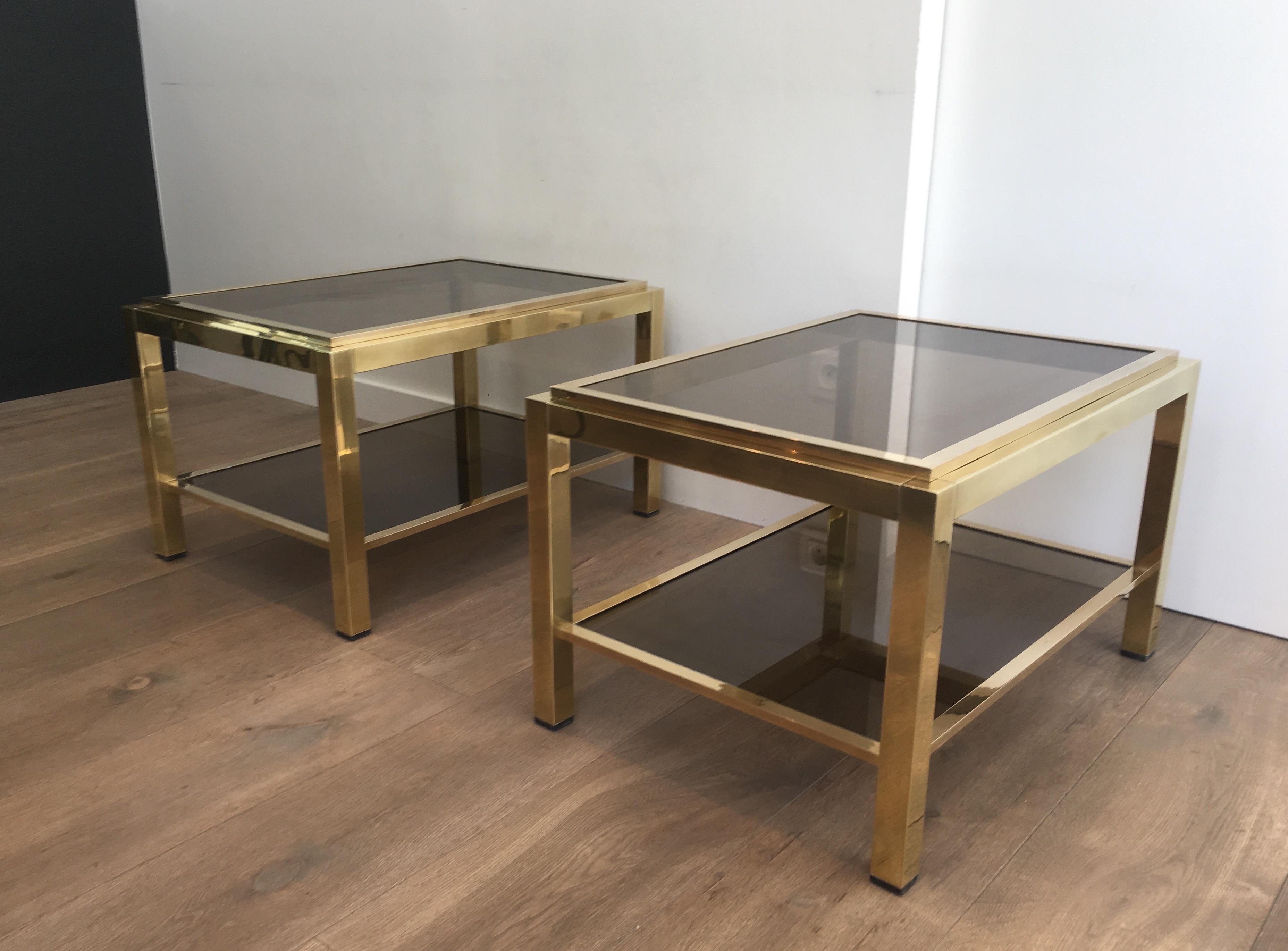 Attributed to Willy Rizzo, Pair of Large Brass Side Tables with Smoked Glass For Sale 11