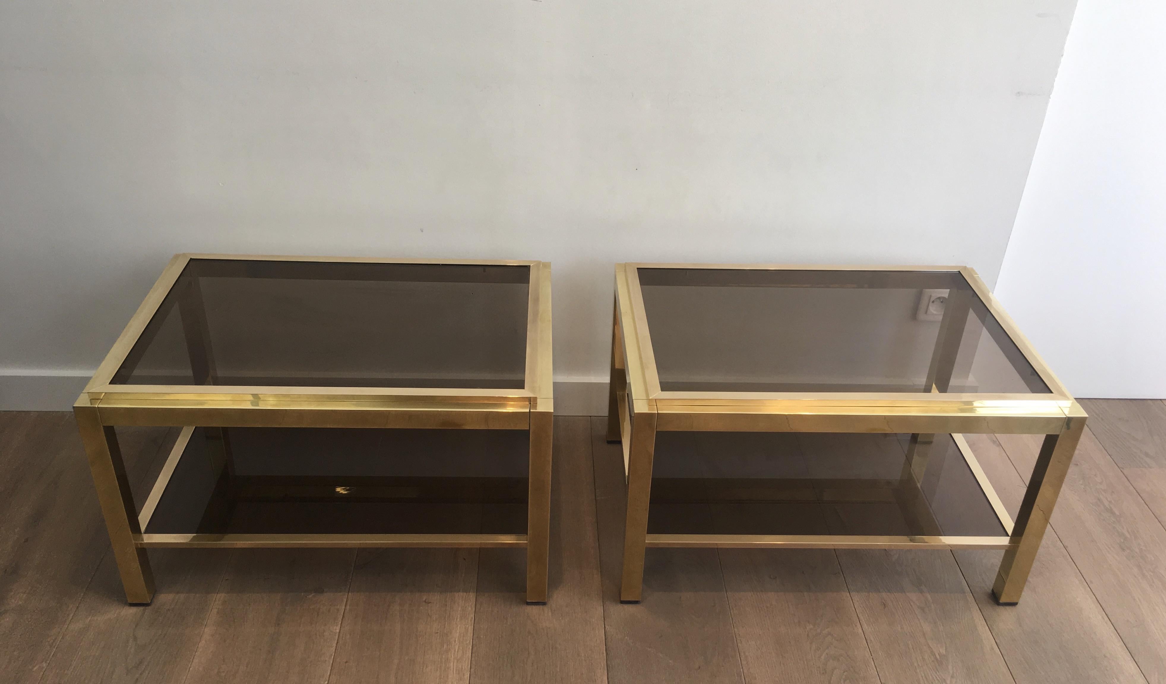 Attributed to Willy Rizzo, Pair of Large Brass Side Tables with Smoked Glass For Sale 12