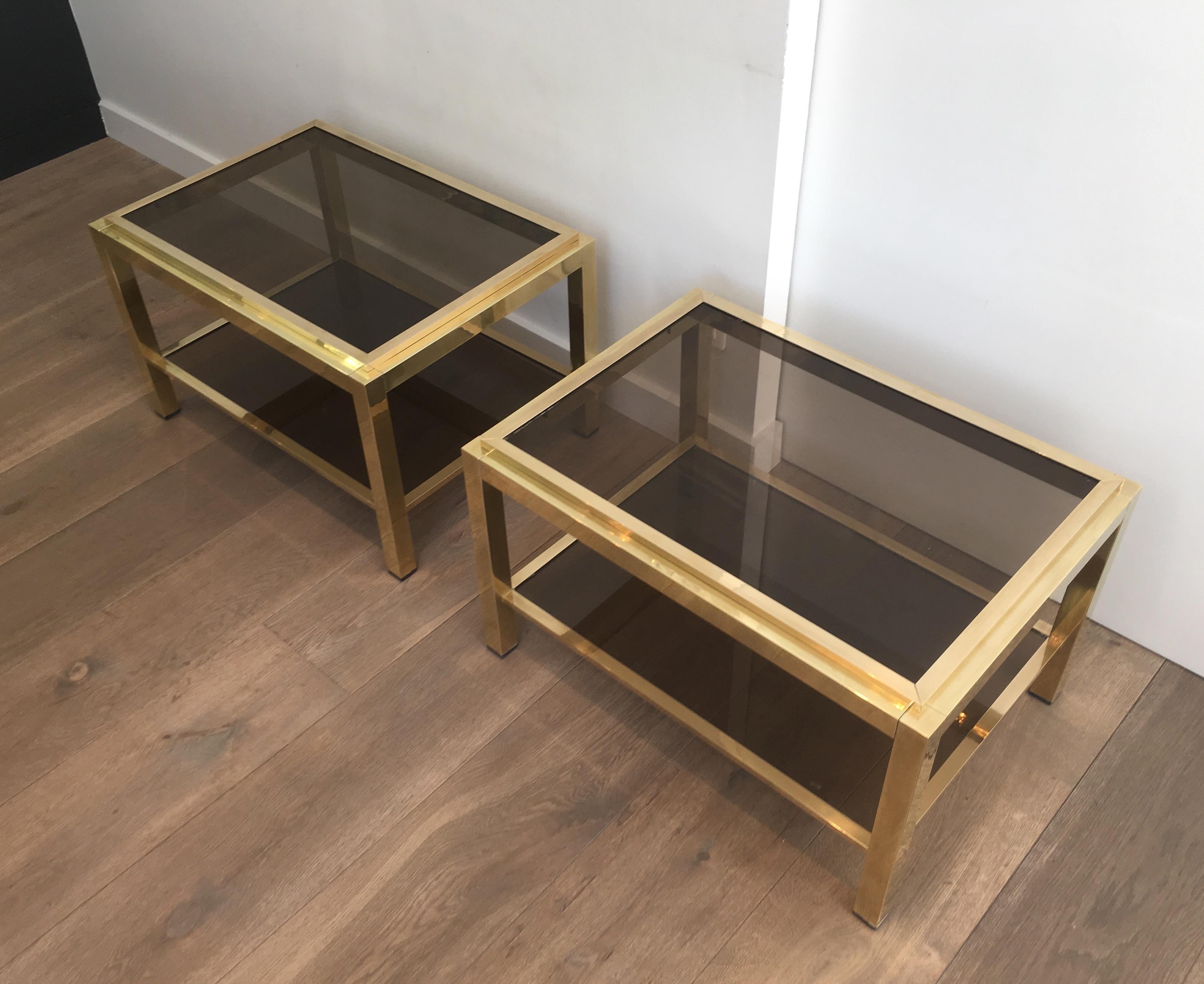 Mid-Century Modern Attributed to Willy Rizzo, Pair of Large Brass Side Tables with Smoked Glass For Sale