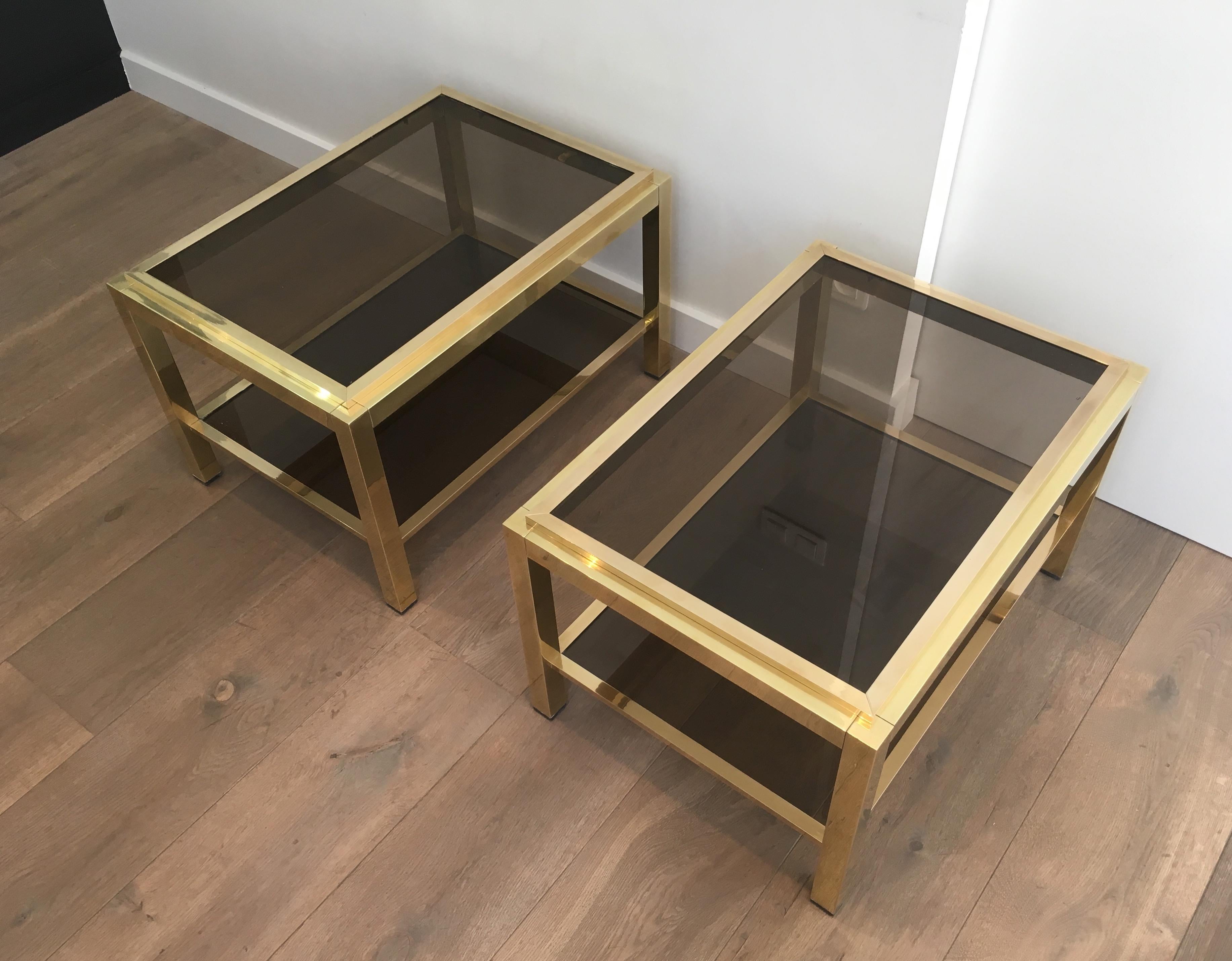 French Attributed to Willy Rizzo, Pair of Large Brass Side Tables with Smoked Glass For Sale
