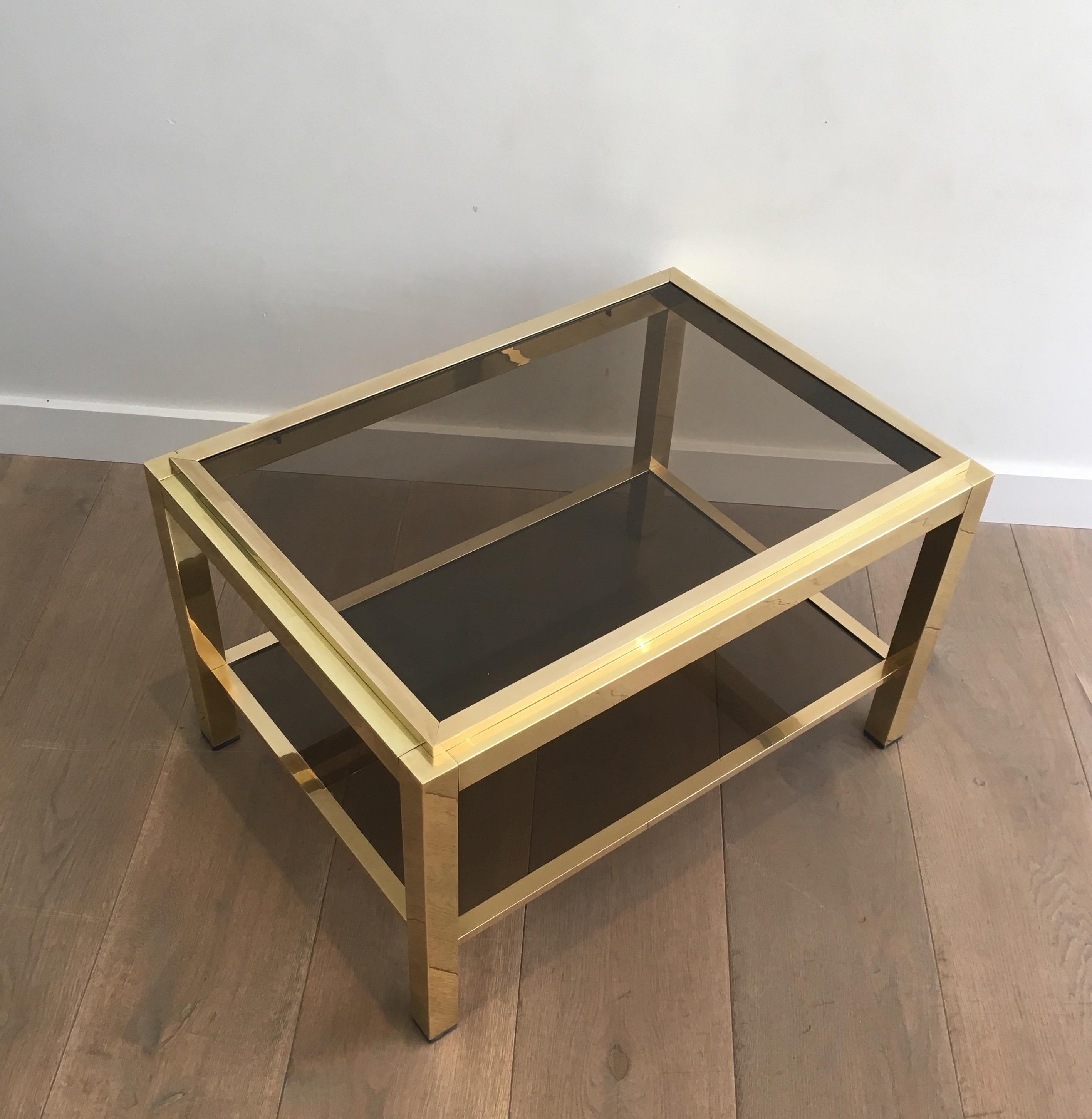 Bronzed Attributed to Willy Rizzo, Pair of Large Brass Side Tables with Smoked Glass For Sale