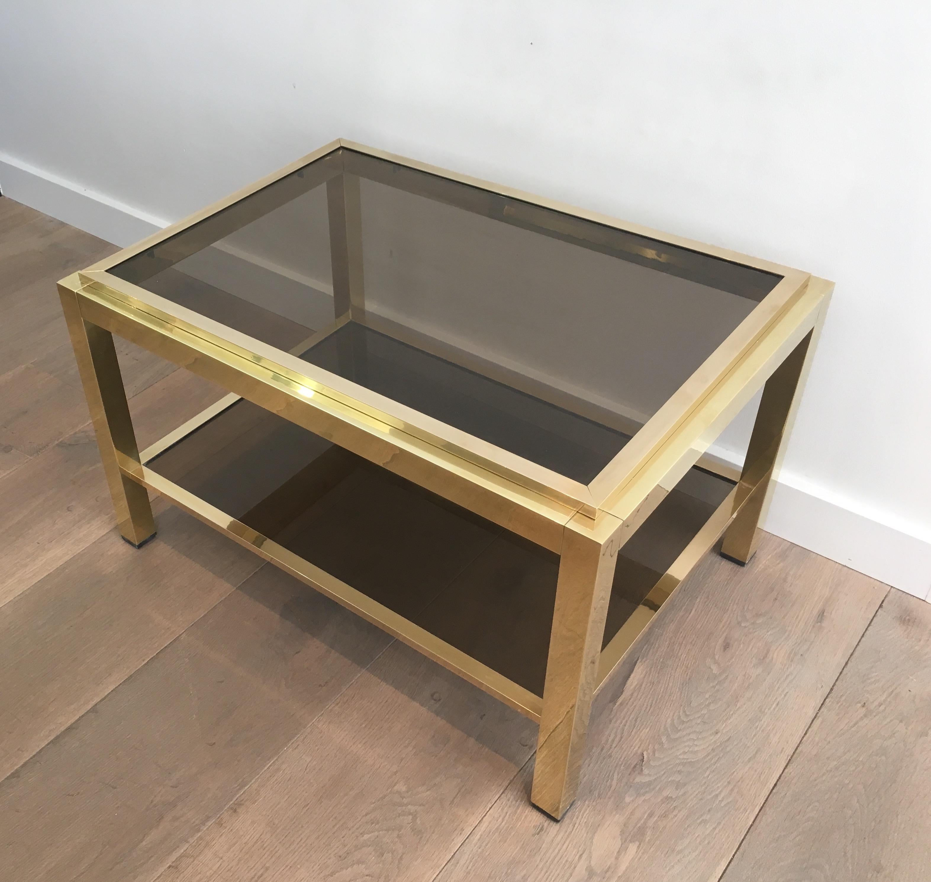 Late 20th Century Attributed to Willy Rizzo, Pair of Large Brass Side Tables with Smoked Glass For Sale
