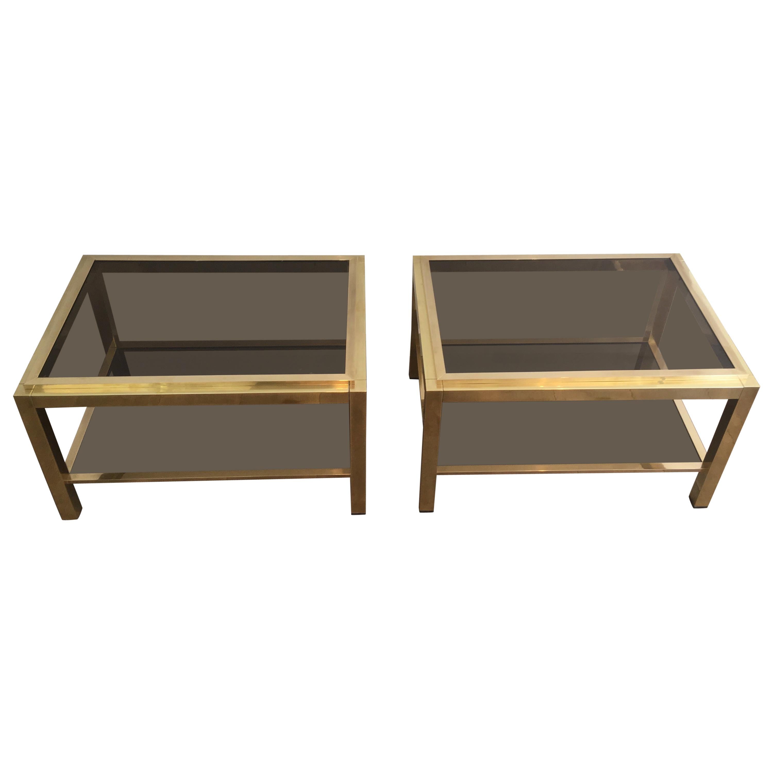 Attributed to Willy Rizzo, Pair of Large Brass Side Tables with Smoked Glass