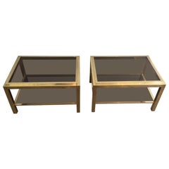 Pair of Large Brass Side Tables with Smoked Glass Attributed to Willy Rizzo